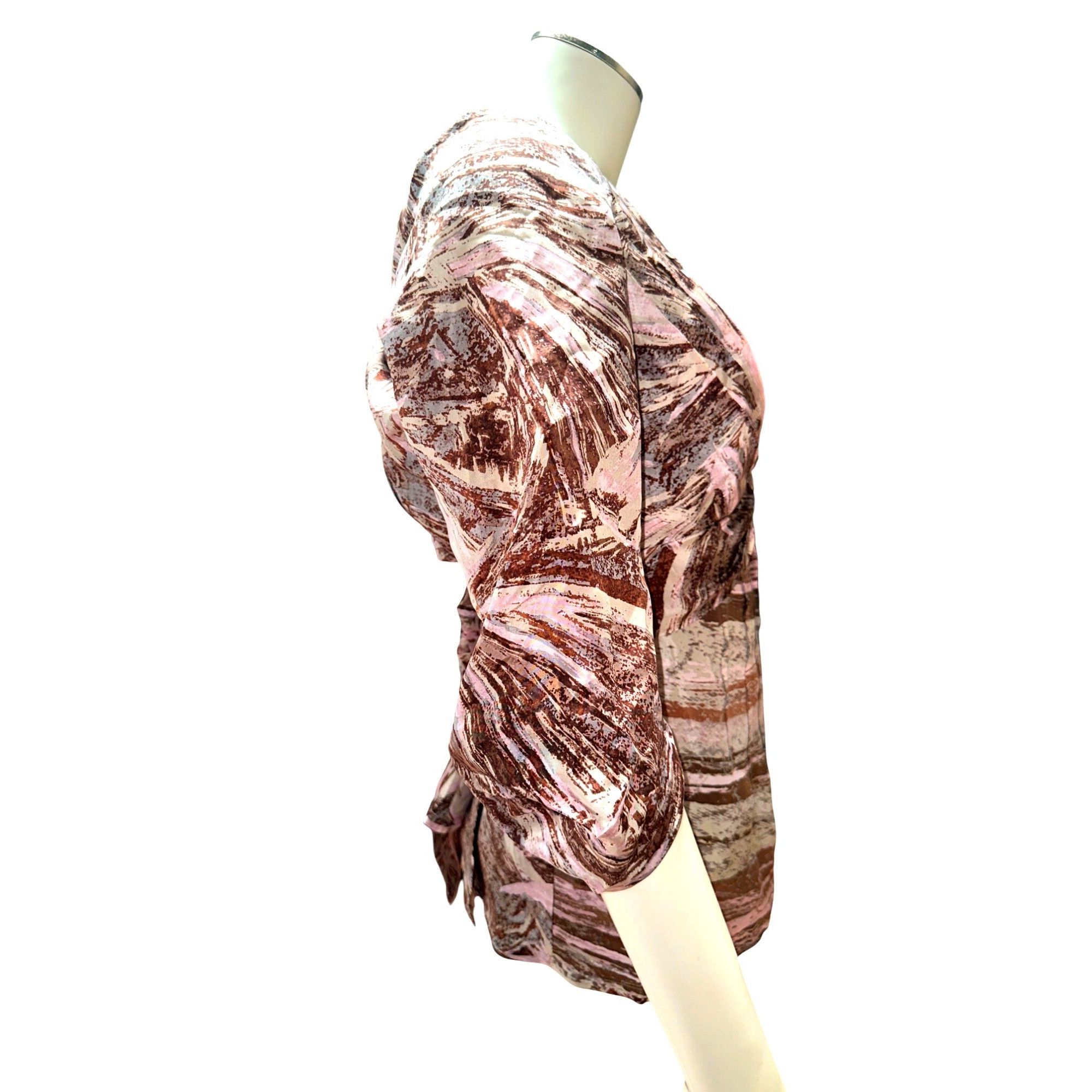 Bcbgmaxazria BCBG MaxAzria S Pink Brown Silk Blouse Abstract Print Draped Size S / US 4 / IT 40 - 6 Thumbnail