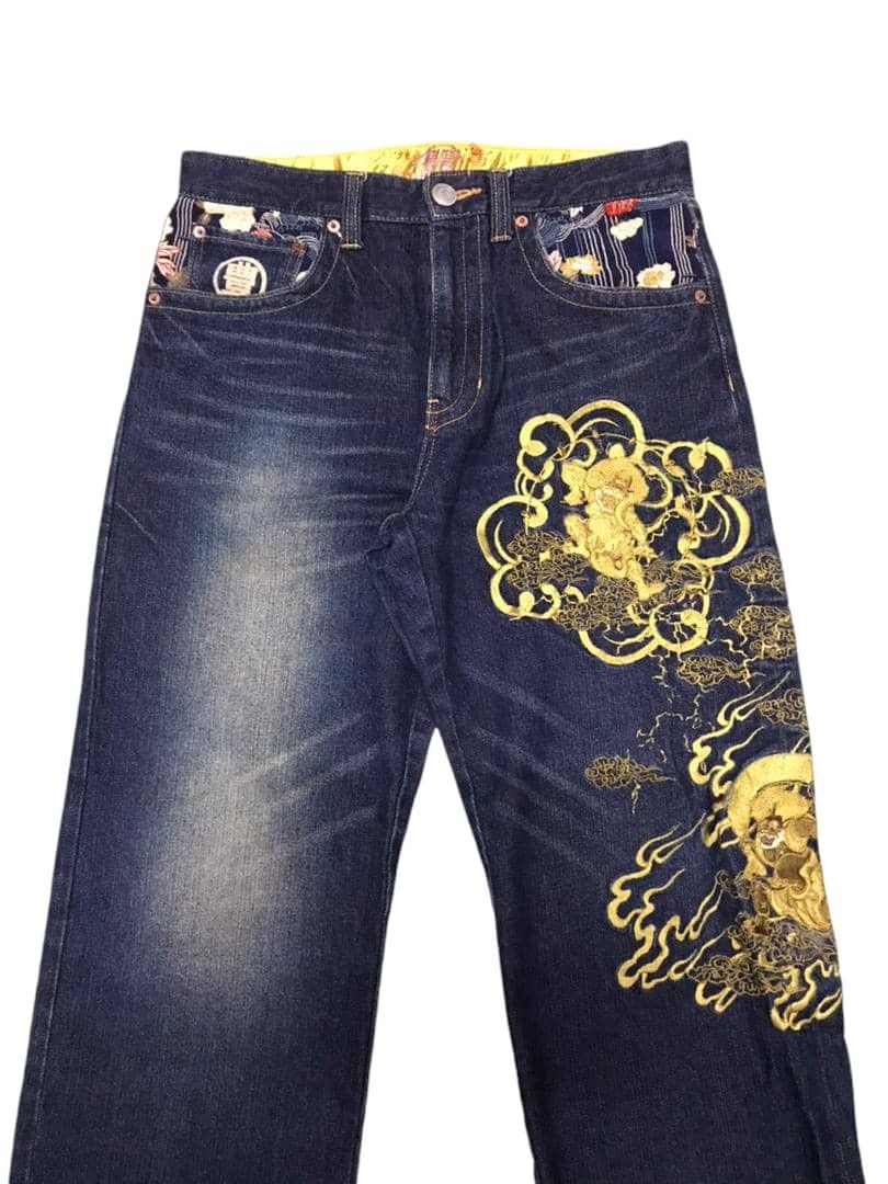 Japanese Brand Crazy🔥🔥 Japanese Motive Sukajan Gold Evil Embroidery Jeans Size US 32 / EU 48 - 2 Thumbnail