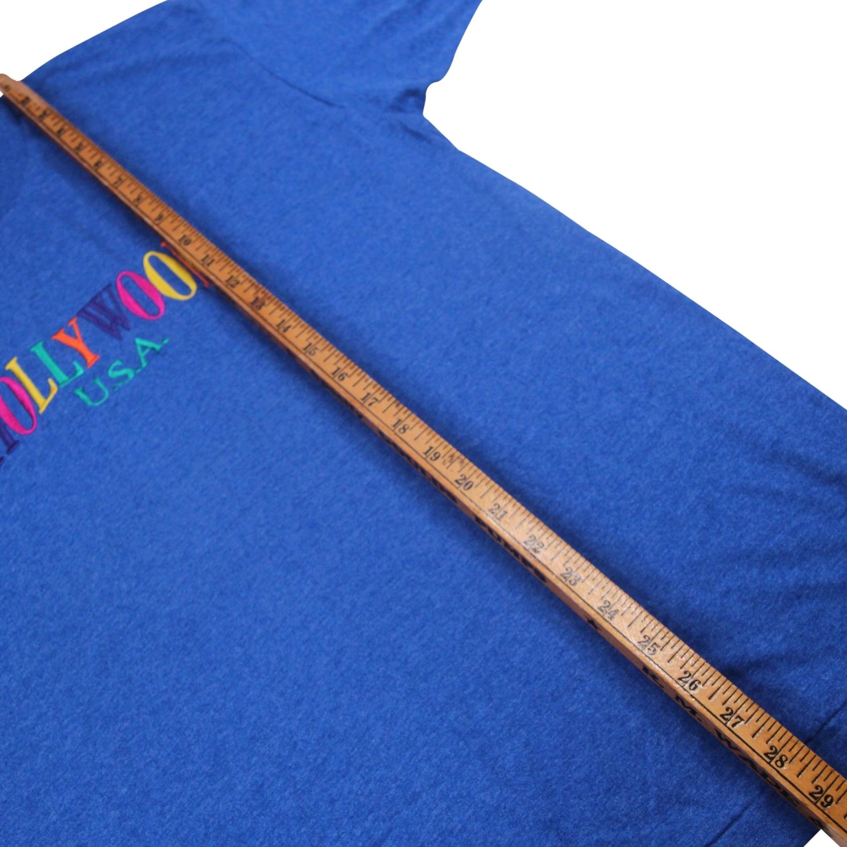 Rainbow VINTAGE Hollywood Mens T-Shirt Blue Rainbow Spellout Embroidered 50/50 21.5x29 Large (L) Shirts Mens Size US L / EU 52-54 / 3 - 6 Thumbnail