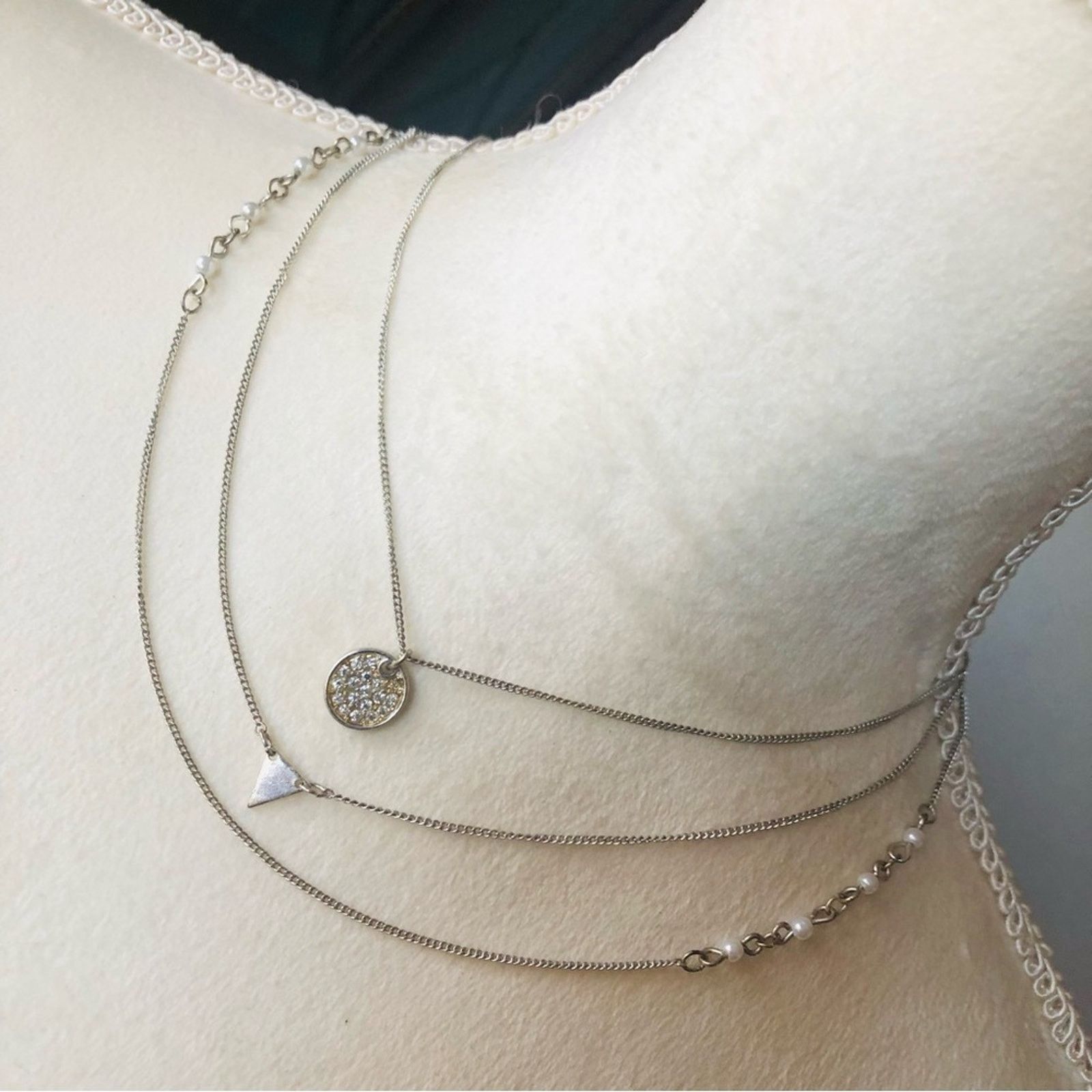 Jewelry Silver Plated Triple Strand Pearl And Charm Chain Necklace, Women's