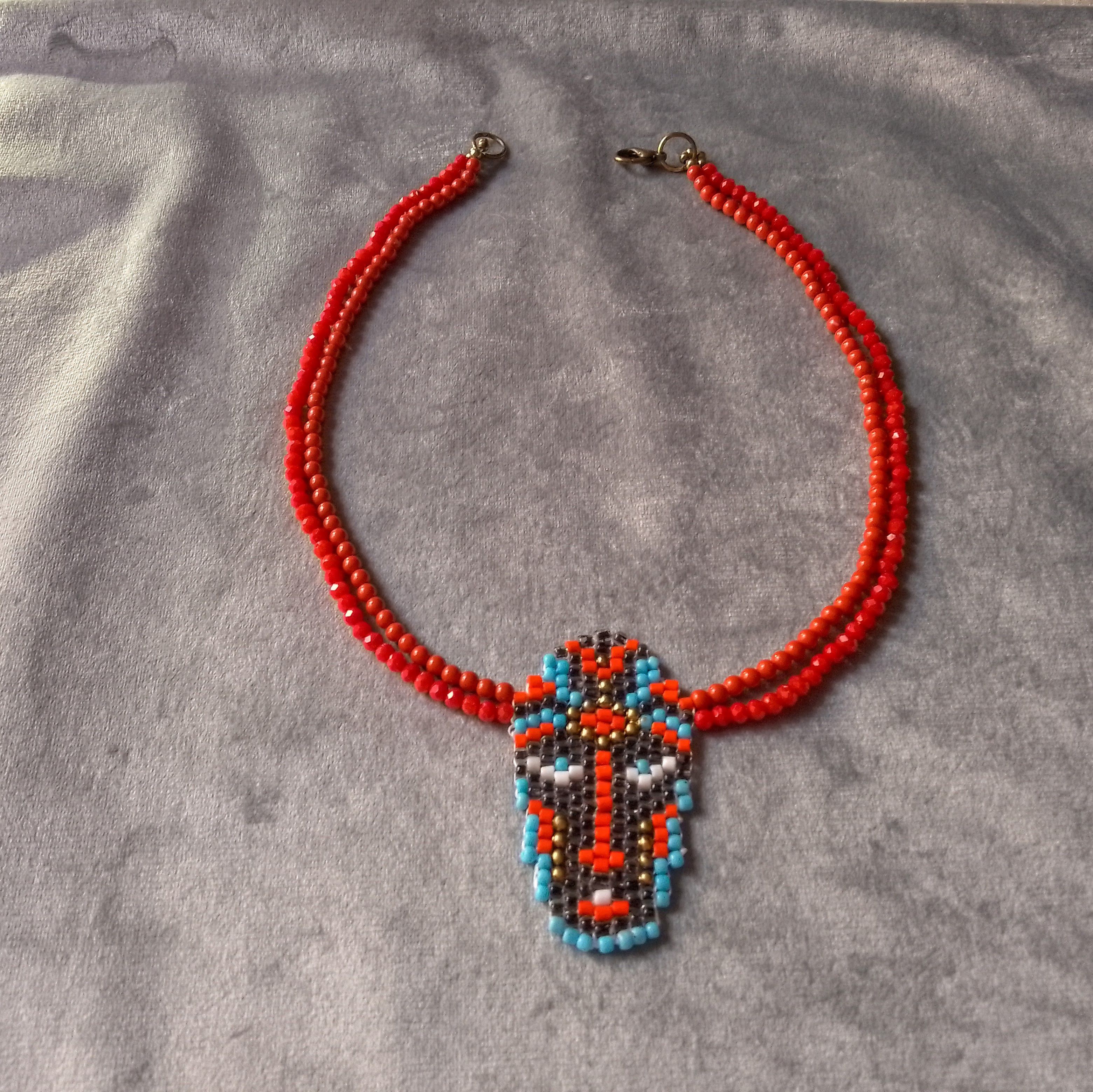 Handmade Necklace Red Ethnic Tribal Beaded Face Pendant Size ONE SIZE - 2 Thumbnail