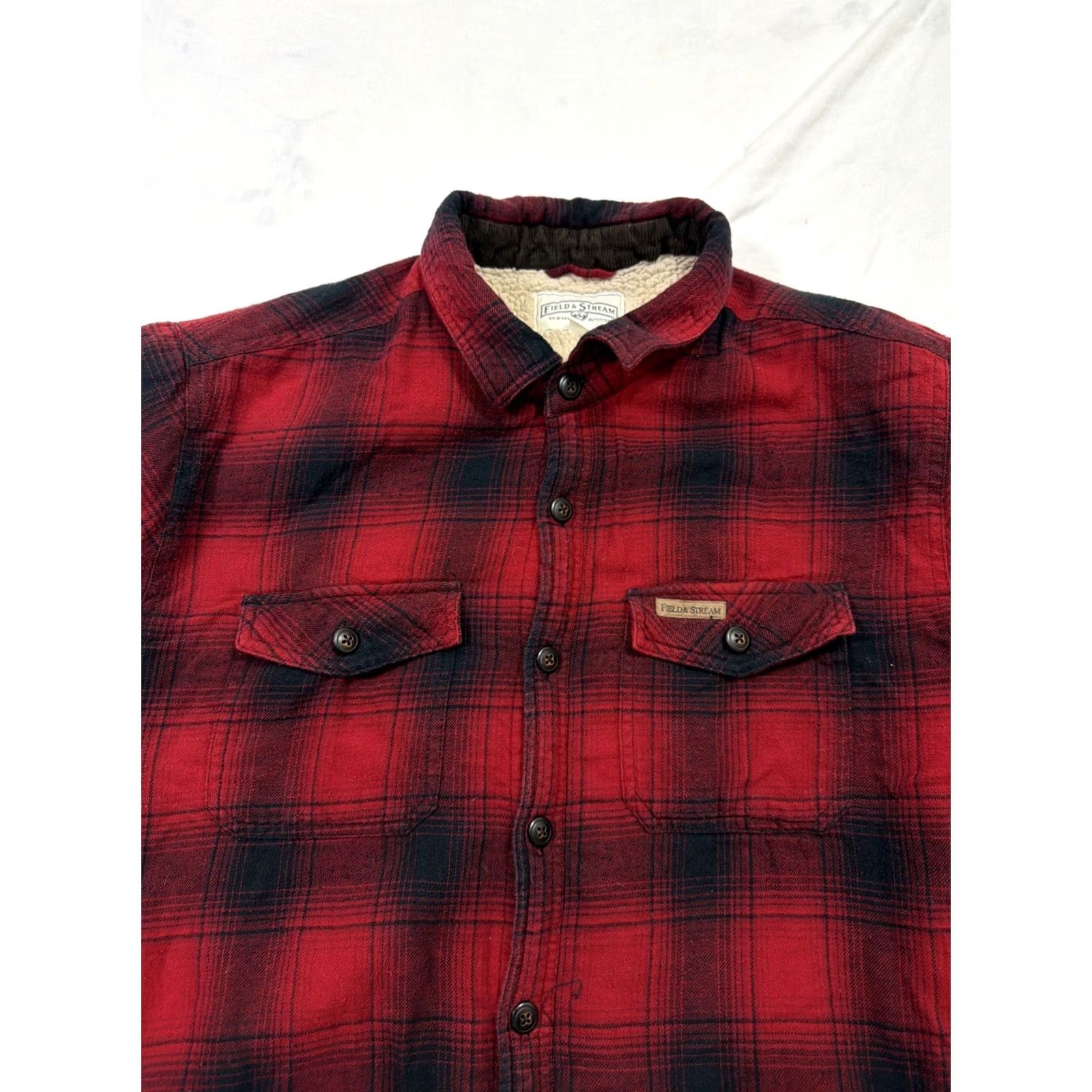 Vintage VINTAGE Field & Stream Jacket Mens XL Red Plaid Sherpa Lined Flannel Shacket Cord Elbows Size US XL / EU 56 / 4 - 4 Thumbnail