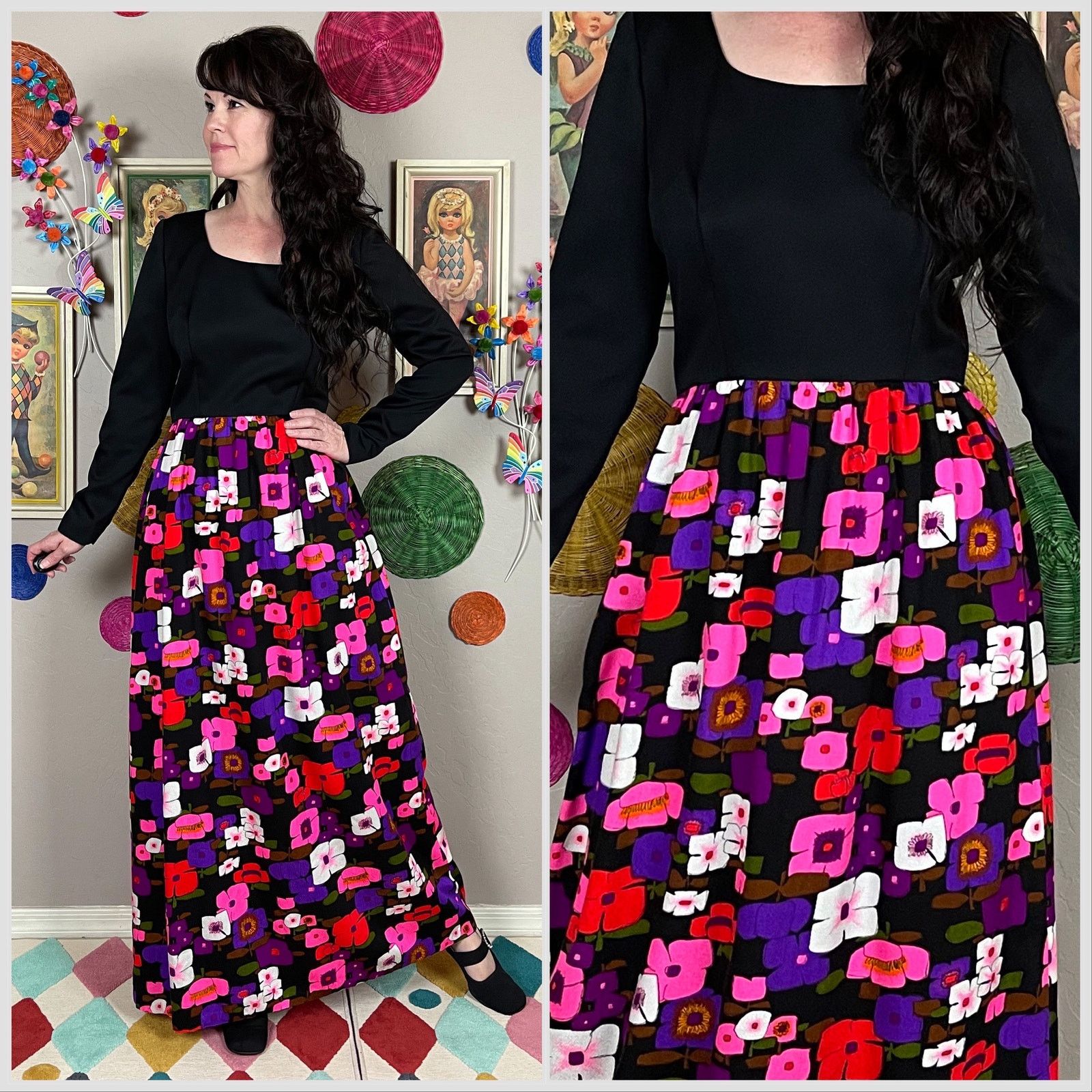 Vintage Vintage 1960s Long Sleeve Pink and Purple Floral Maxi Dress Size M / US 6-8 / IT 42-44 - 1 Thumbnail