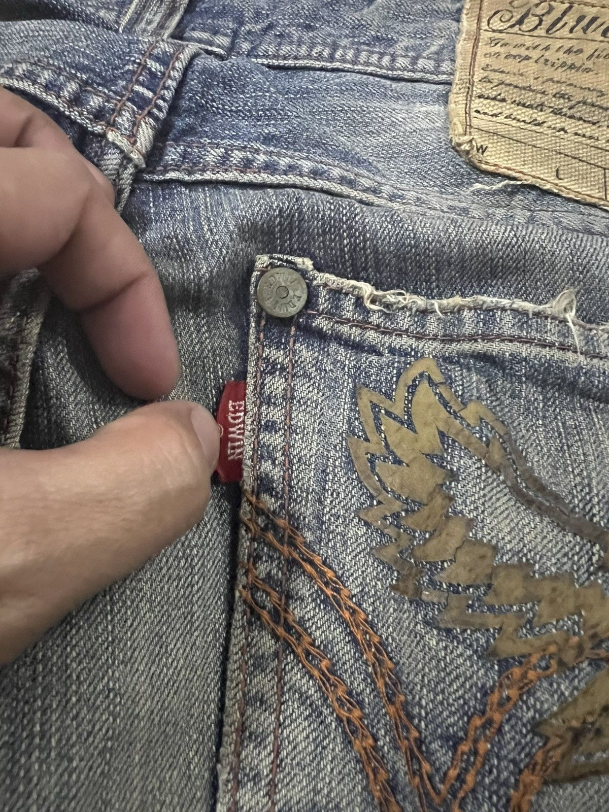 If Six Was Nine 💥Flare💥 Edwin 503 Blue Trip Eagle Model Distress Jean Size US 33 - 22 Thumbnail
