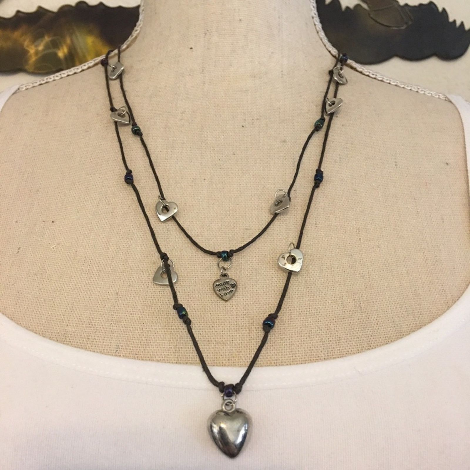 Jewelry Heart Charm Braided Fabric Cord Necklace in Silver, Women's