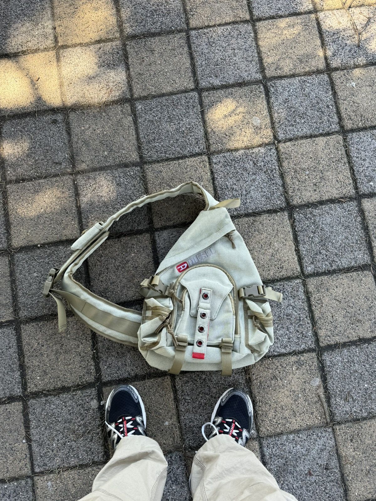 image of Vintage Diesel Archival Y2K Multi Pocket Sling Bag in Miltary Green, Men's
