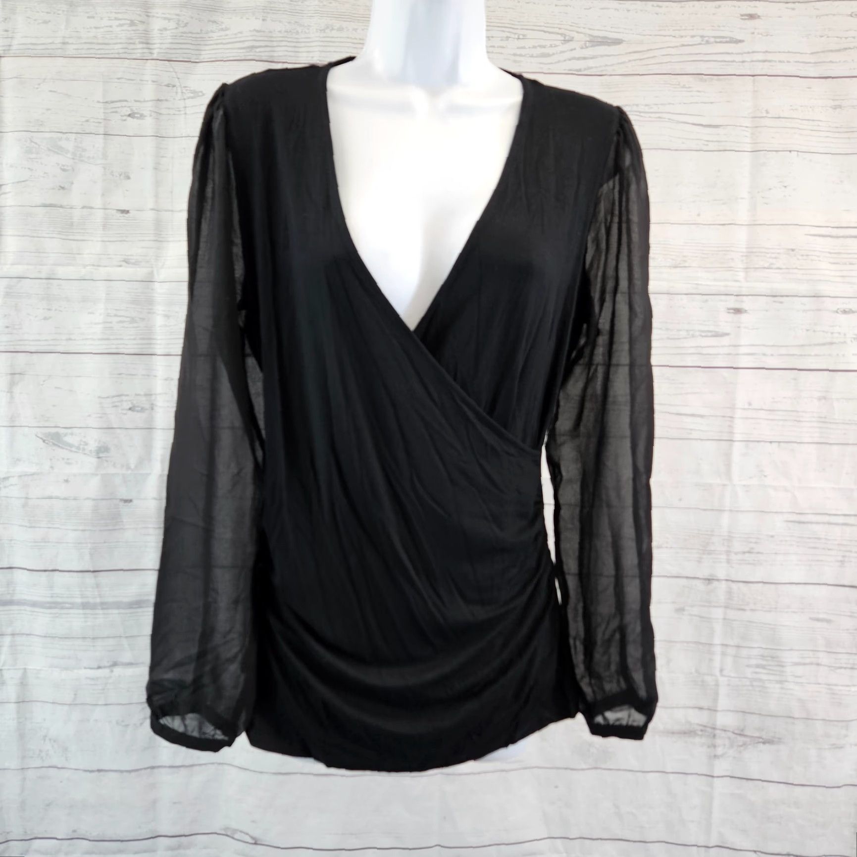 Boden Boden Blouse Womens Faux Wrap Top 10 Black Long Sleeve V-Neck Sheer Viscose Blend Size L / US 10 / IT 46 - 2 Thumbnail