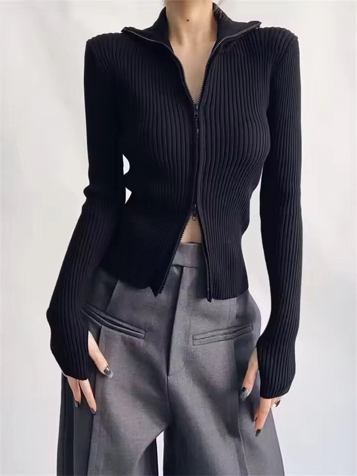 Japanese Brand 🔥 Sleek Ribbed Zip-Up Sweater | High Neck, Soft Polyester | Size S / US 4 / IT 40 - 2 Thumbnail