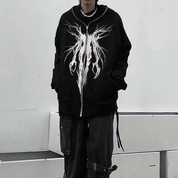 Japanese Brand Gothic Graphic Full Zip Black Hoodie, Grunge Punk Size US M / EU 48-50 / 2 - 1 Thumbnail
