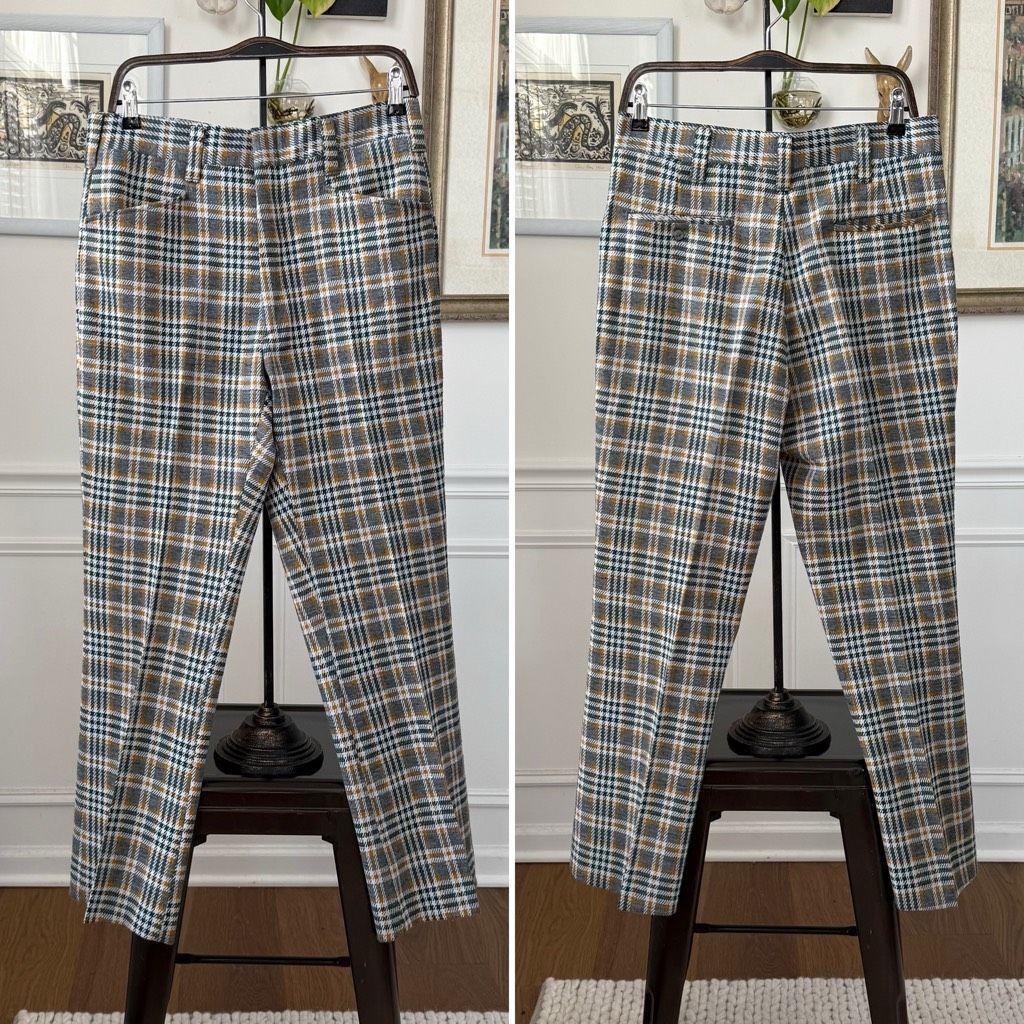 Vintage Vintage 70s Haggar Green Grey Mustard Plaid Flared Polyester Pants 34 S Size US 34 / EU 50 - 1 Thumbnail