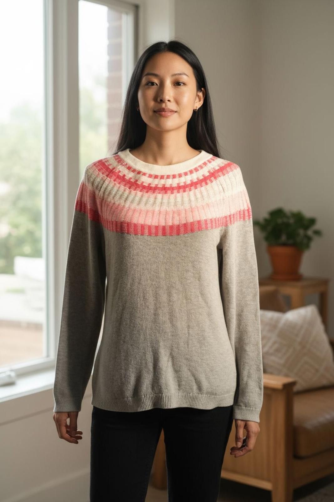 Other Talbots Women's Knit Sweater w/Pink & White Patterned Yoke Size S / US 4 / IT 40 - 2 Thumbnail