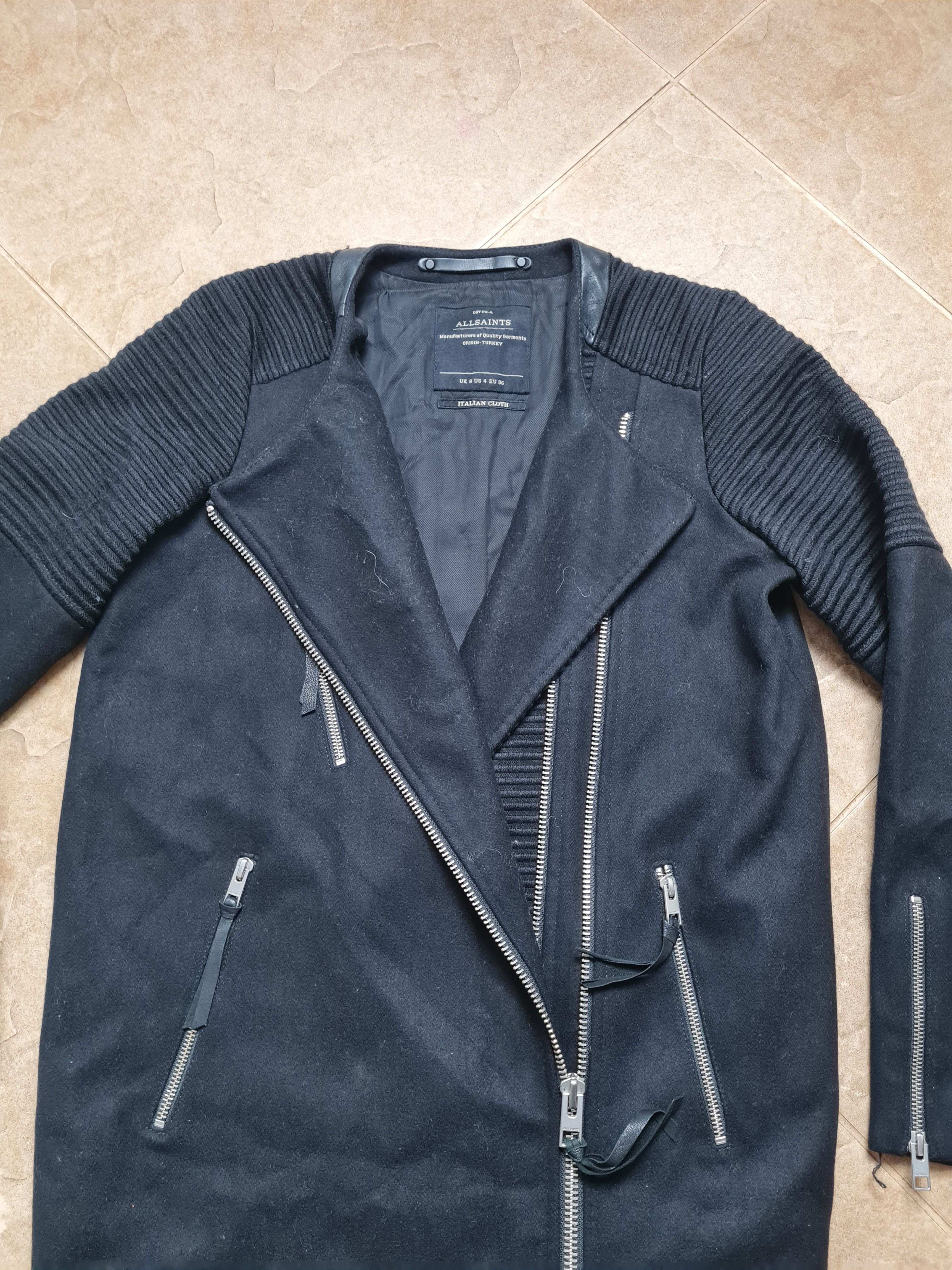 Allsaints AllSaints Black Biker Coat Long Jacket Asymmetric Zip Wool Size S / US 4 / IT 40 - 20 Thumbnail