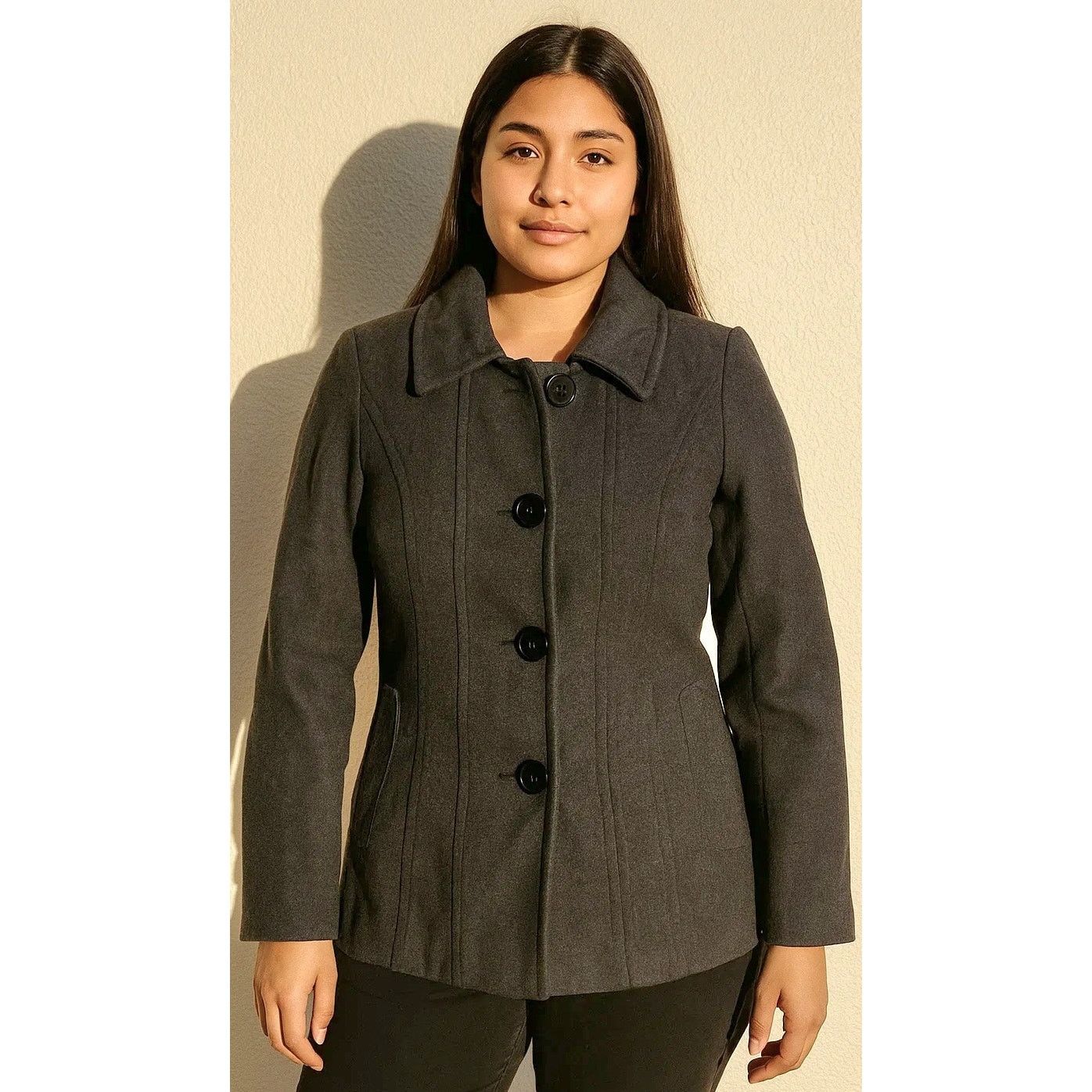 London Fog London Fog Women's Wool Blend Pea Coat - Dark Grey - M Size M / US 6-8 / IT 42-44 - 6 Thumbnail