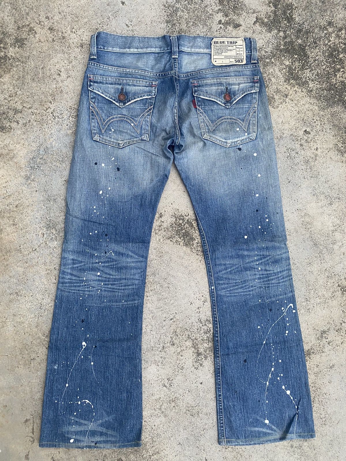 Edwin × Vintage Flare Jeans Edwin Blue Trip Distressed Painted Bootcut Size US 35 - 15 Thumbnail