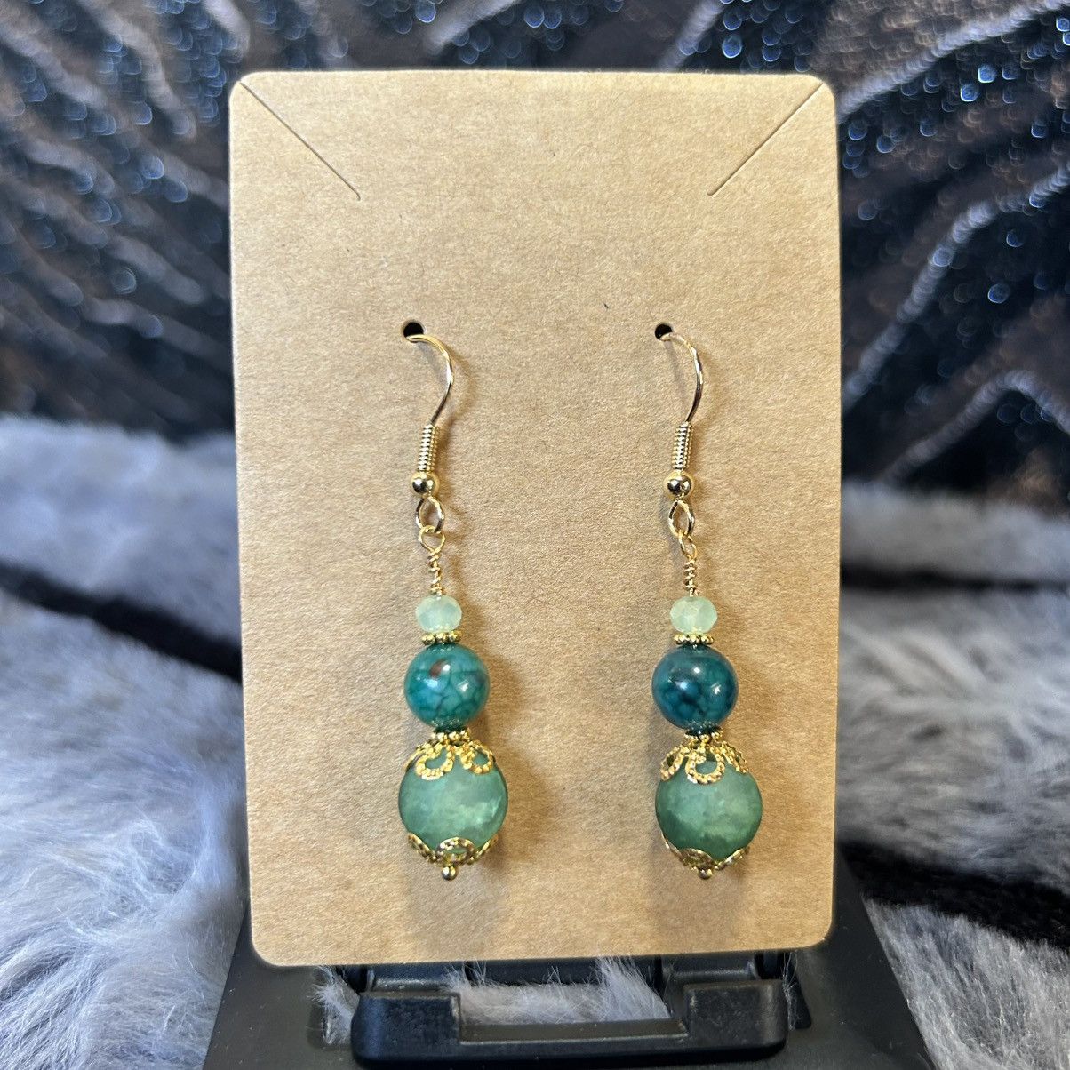 Handmade Handcrafted green crackle glass dragon vein agate earrings Size ONE SIZE - 2 Thumbnail
