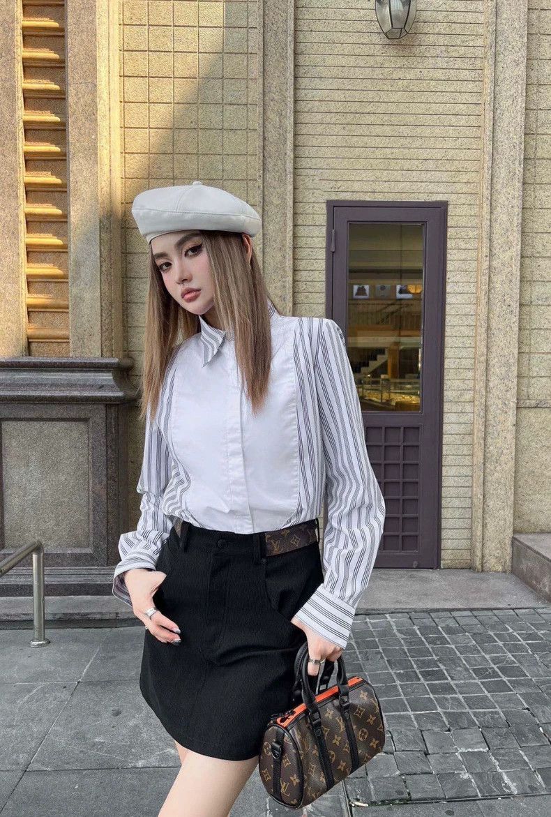 LV White Gray Stripe Long Sleeve Shirt