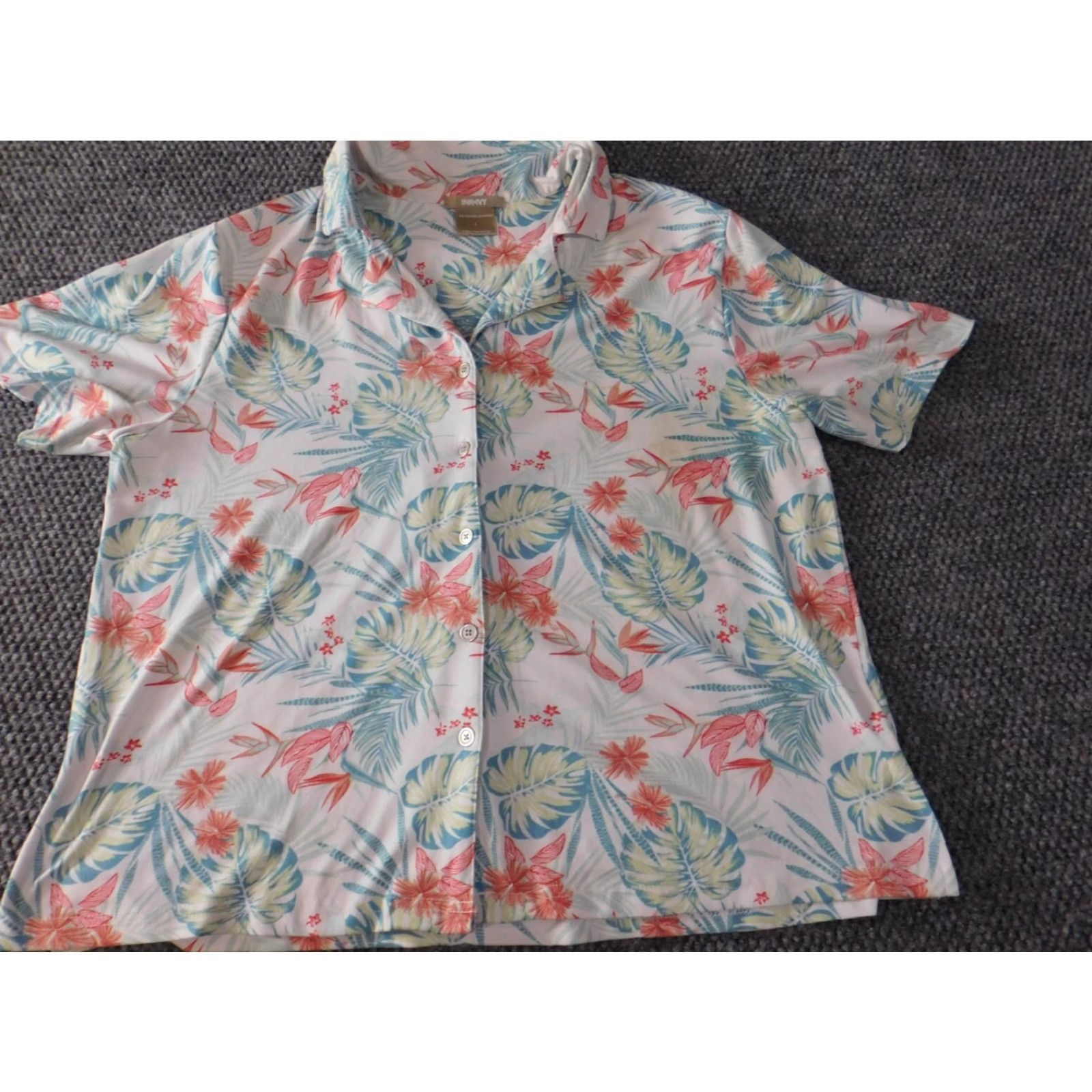 Vintage Ink + Ivy Womens Button-Up Shirt L Blue Floral Short Sleeve Collared Knit Polyester Spandex Stretch Casual Vintage? No (Vintage: No). Size L / US 10 / IT 46 - 2 Thumbnail