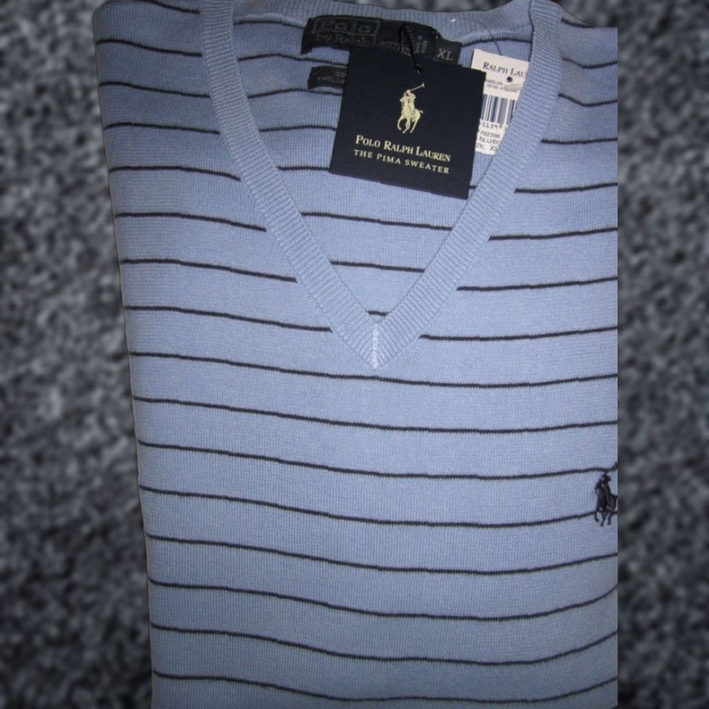 Polo Ralph Lauren Polo by Ralph Lauren Blue Pima Cotton Sweater Striped XL V-Neck NWT Men’s Sweater Size US XL / EU 56 / 4 - 1 Preview