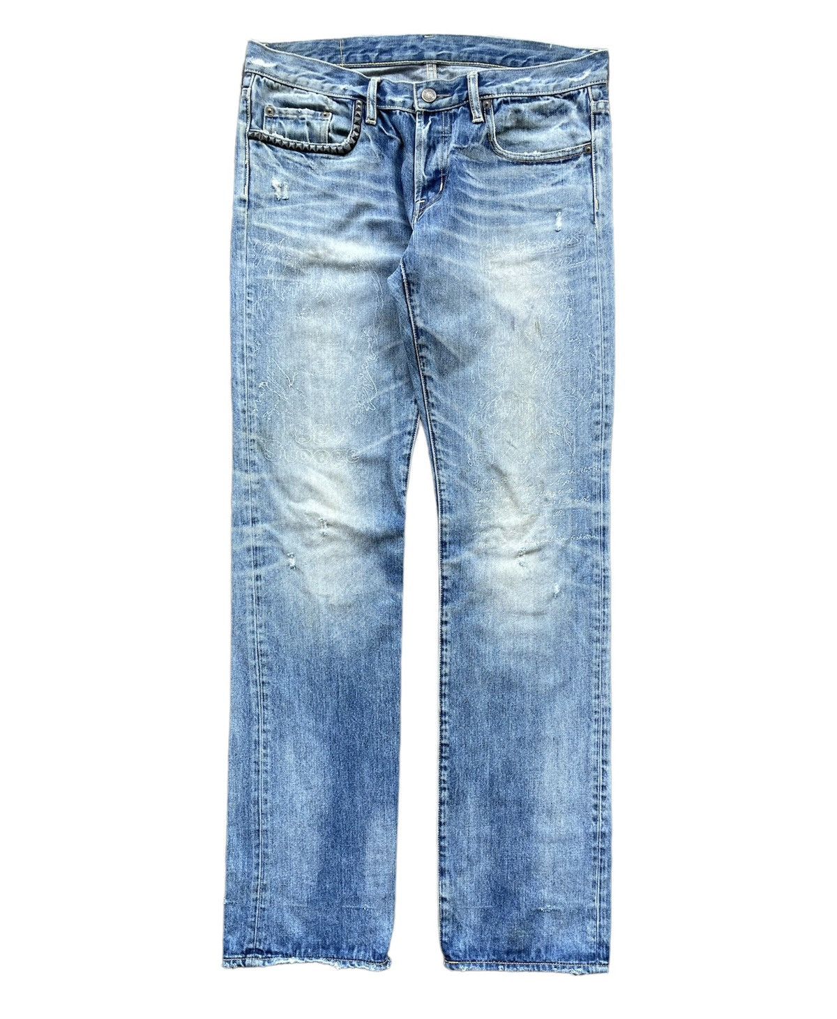 image of Distressed Denim x Hysteric Glamour Iggy Stooges Distressed Jeans in Blue, Men's (Size 33)