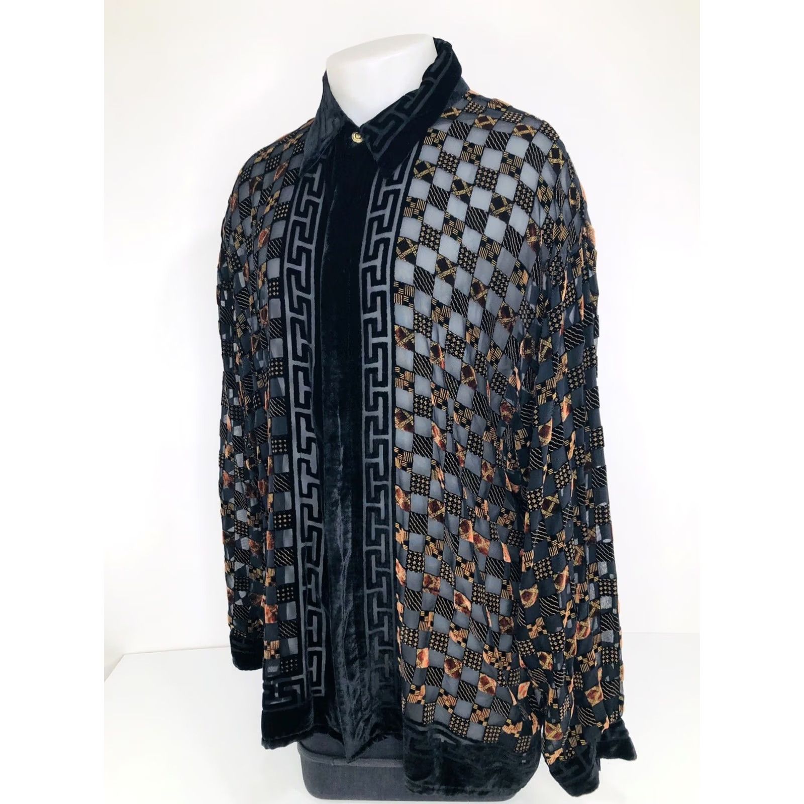 Vintage CETA ITALIANA Shirt XL Black / Gold Silk Chiffon Patchwork Baroque / Art Deco Long Sleeve Button-Up Mens Size US XL / EU 56 / 4 - 4 Thumbnail