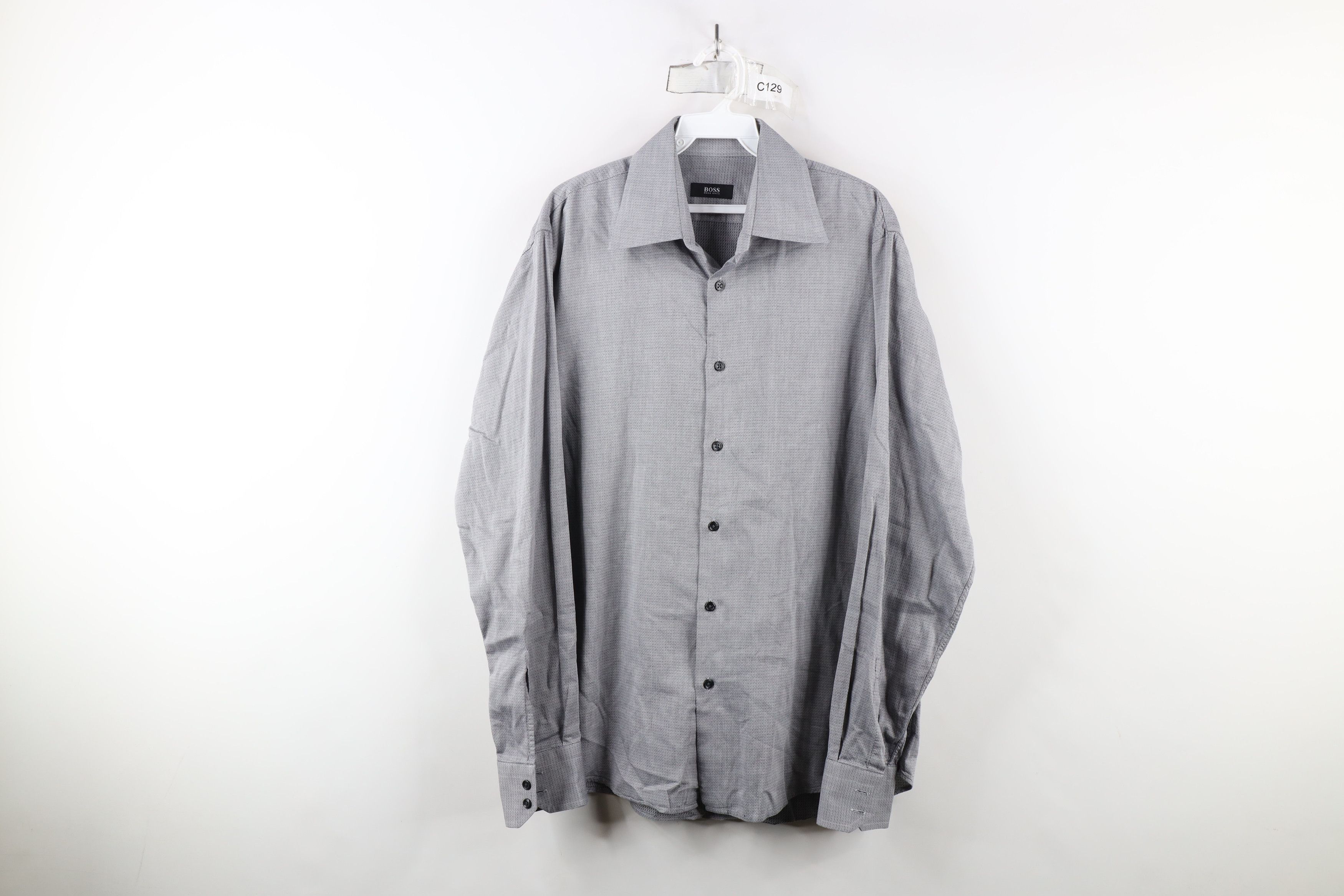 Hugo Boss × Vintage Vintage Hugo Boss Geometric Collared Button Dress Shirt Gray Size US M / EU 48-50 / 2 - 1 Thumbnail