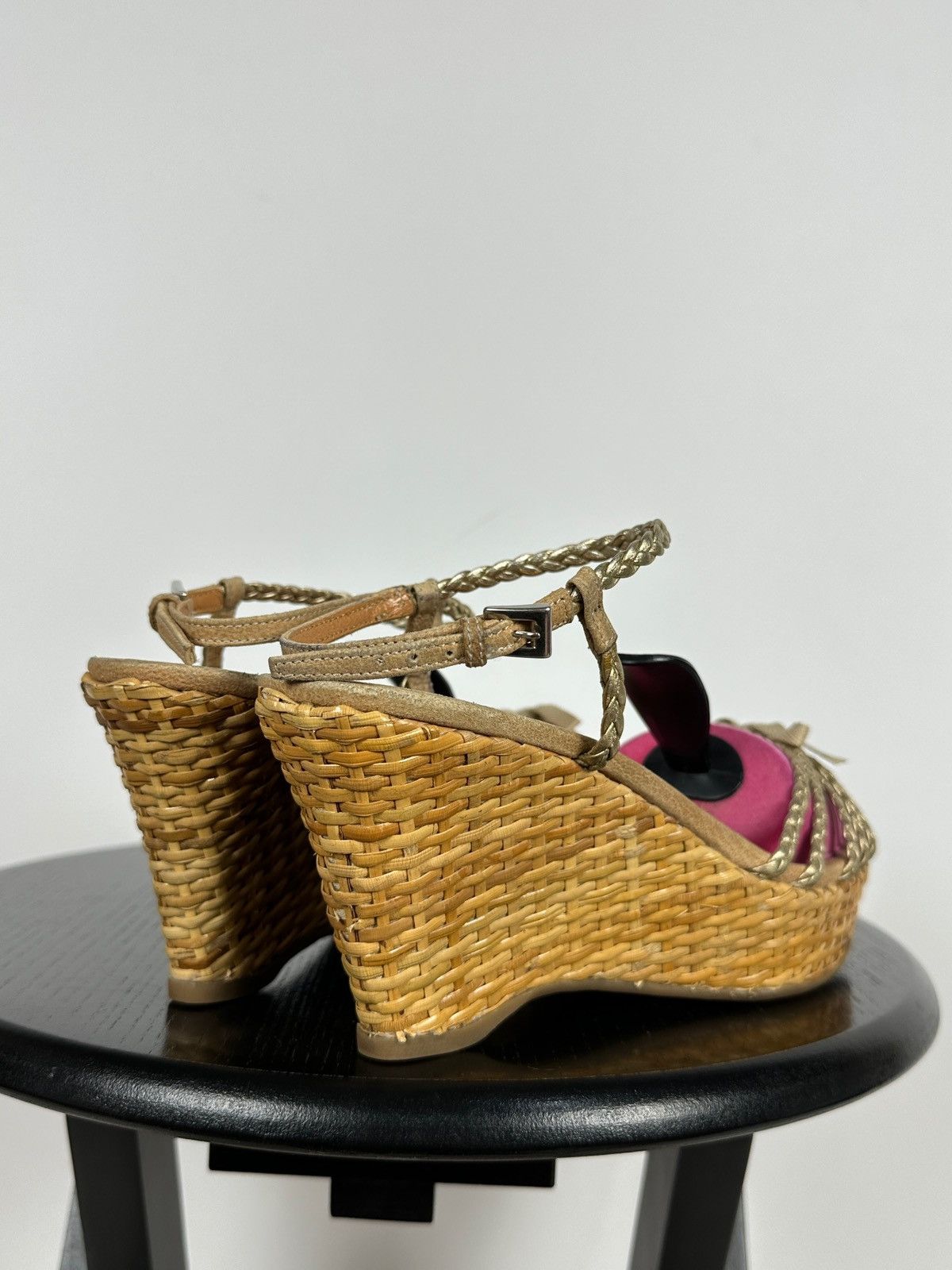 Prada Prada Braided Leather Woven Raffia Wedge Ankle Strap Sandals Size US 9.5 / IT 39.5 - 5 Thumbnail