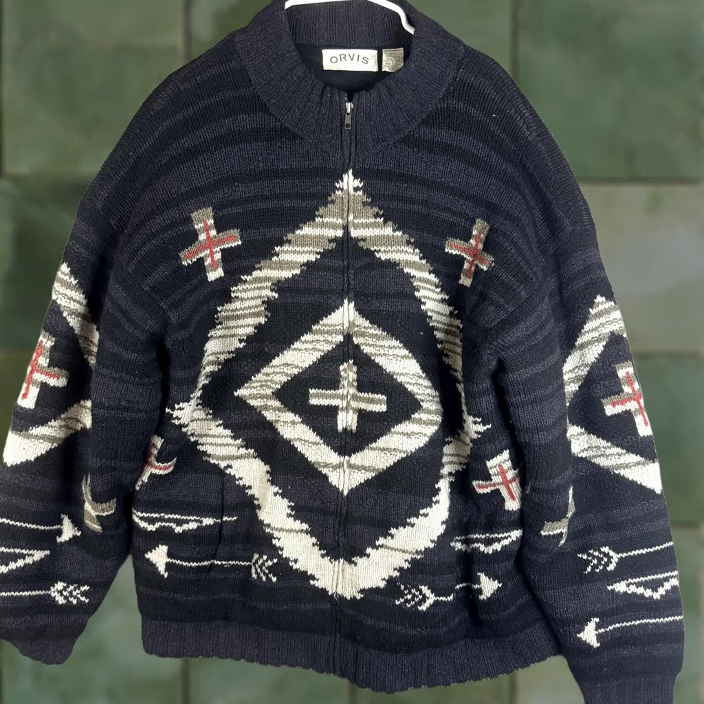 Orvis Orvis Mens 2XL Gray Full Zip Mock Neck Wool Silk Cotton Polyester Knit Lined Geometric Tribal Western Sweater Jacket Size US XXL / EU 58 / 5 - 1 Thumbnail