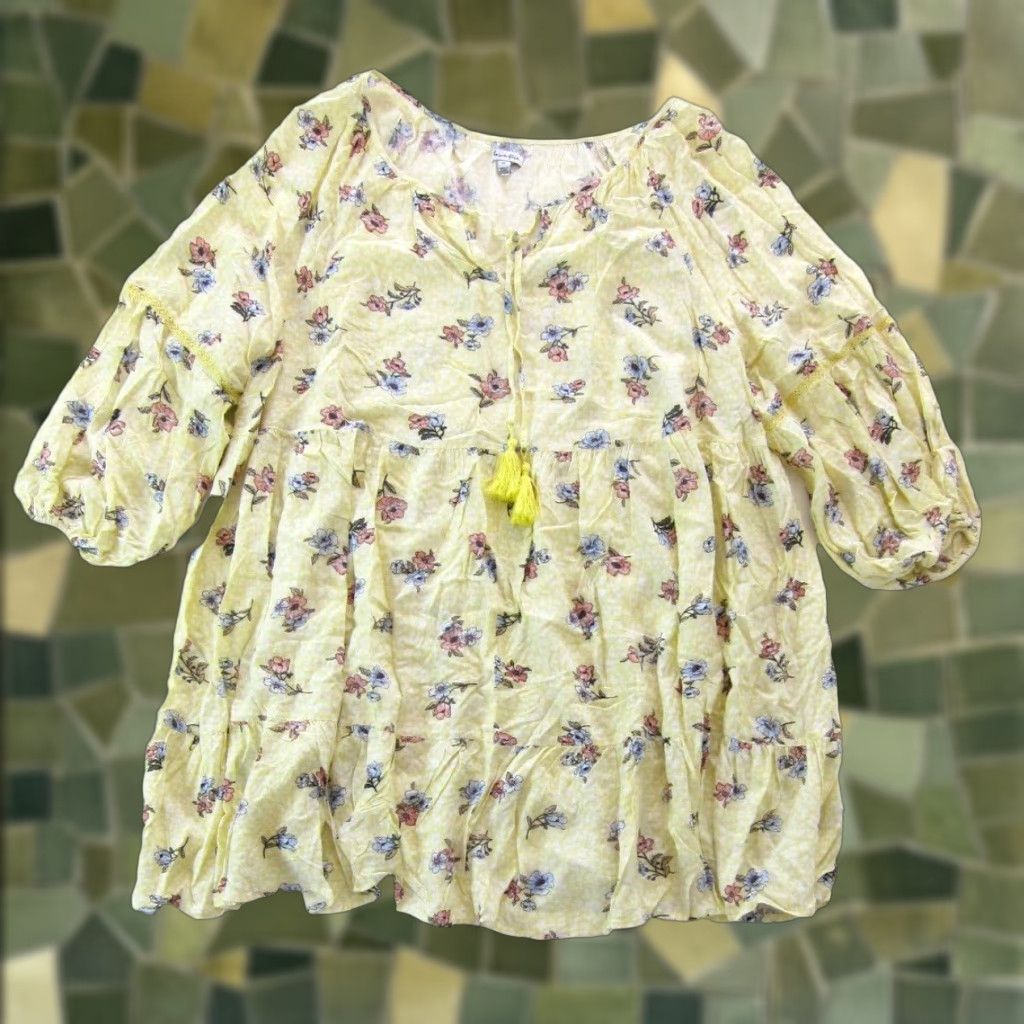 Vintage Love, Fire Dress Kaftan 3/4 Sleeve Smock Peasant Dress 3X Yellow Rayon Floral V-Neck Tie 27" pit to pit 66" waist Womens Size XXL / US 16-18 / IT 52-54 - 1 Thumbnail