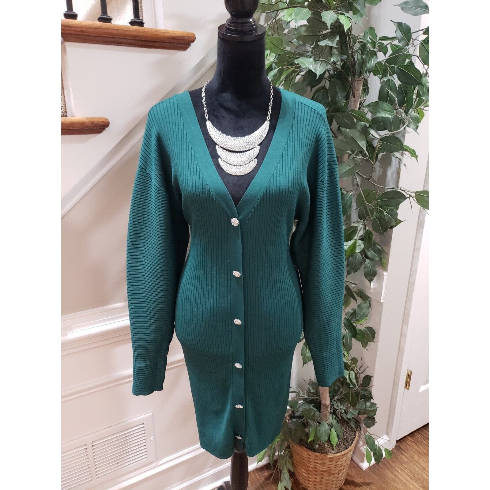 image of Express Embellished Striped Button Down Mini Sweater Dress M in Green, Women's (Size Medium)