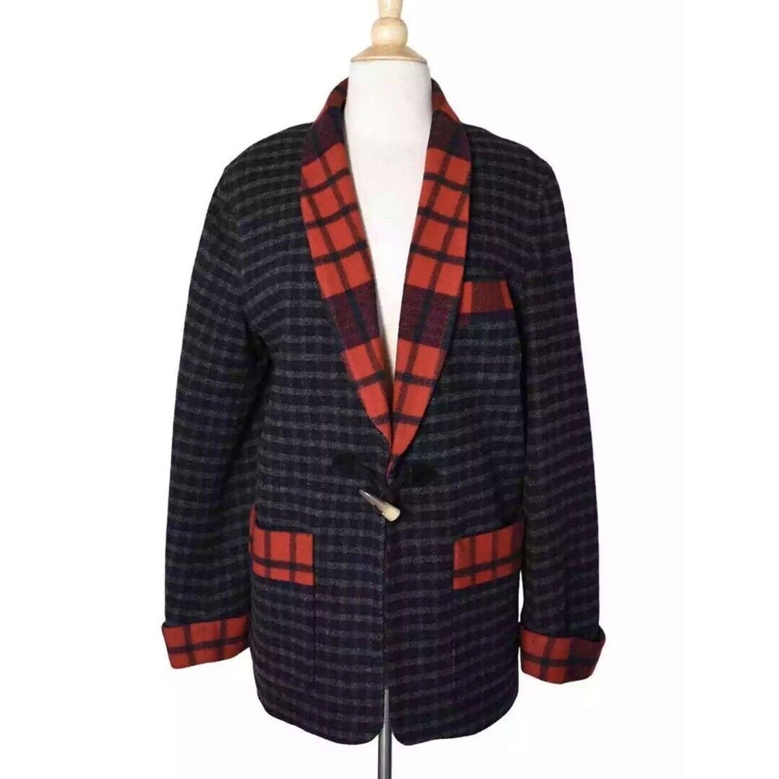 image of Ralph Laurent Wool Tartan Plaid Horn Toggle Smoking Jacket in Blue, Women's (Size Medium)