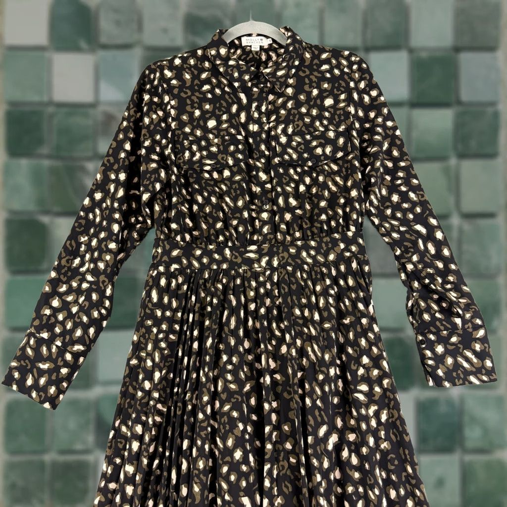 Vintage Molly Bracken Pleated Midi Dress Womens Size S Black Green Leopard Print Shirt Dress Size S / US 4 / IT 40 - 1 Thumbnail