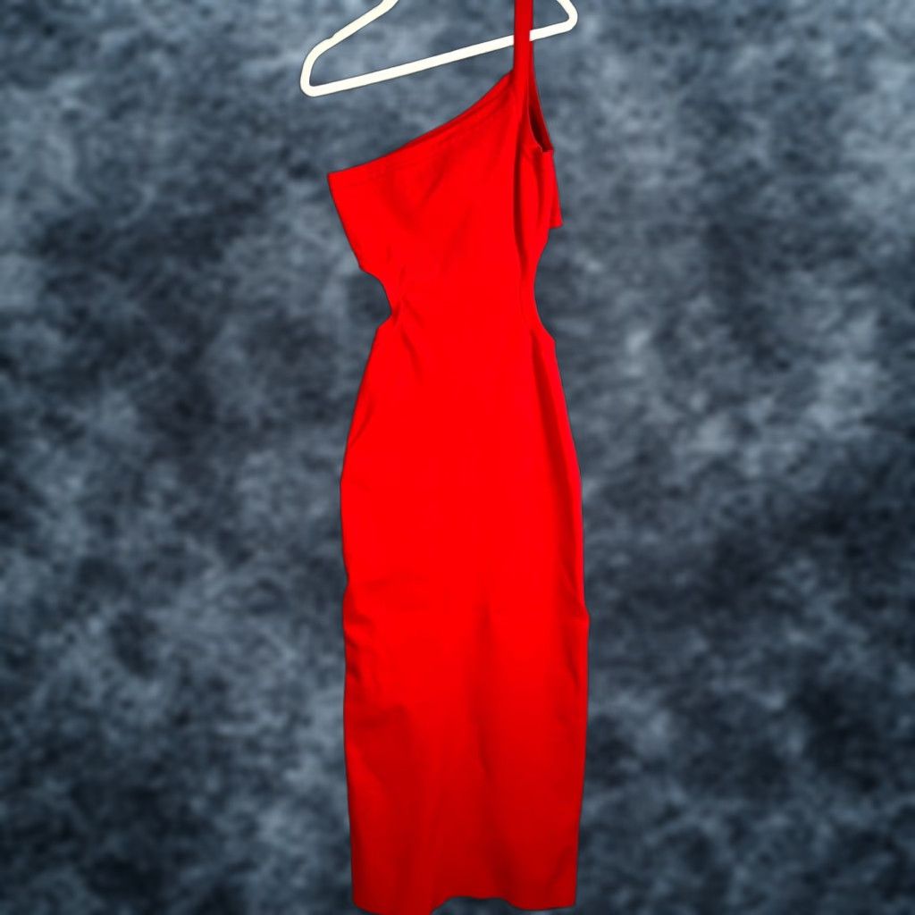 Vintage Emory Park Womens M Red One-Shoulder Midi Dress W/ Cutouts & Back Slit Bodycon - Adult, Regular, Solid, Sleeveless, Spring Summer, Womens, Dress Size M / US 6-8 / IT 42-44 - 1 Thumbnail