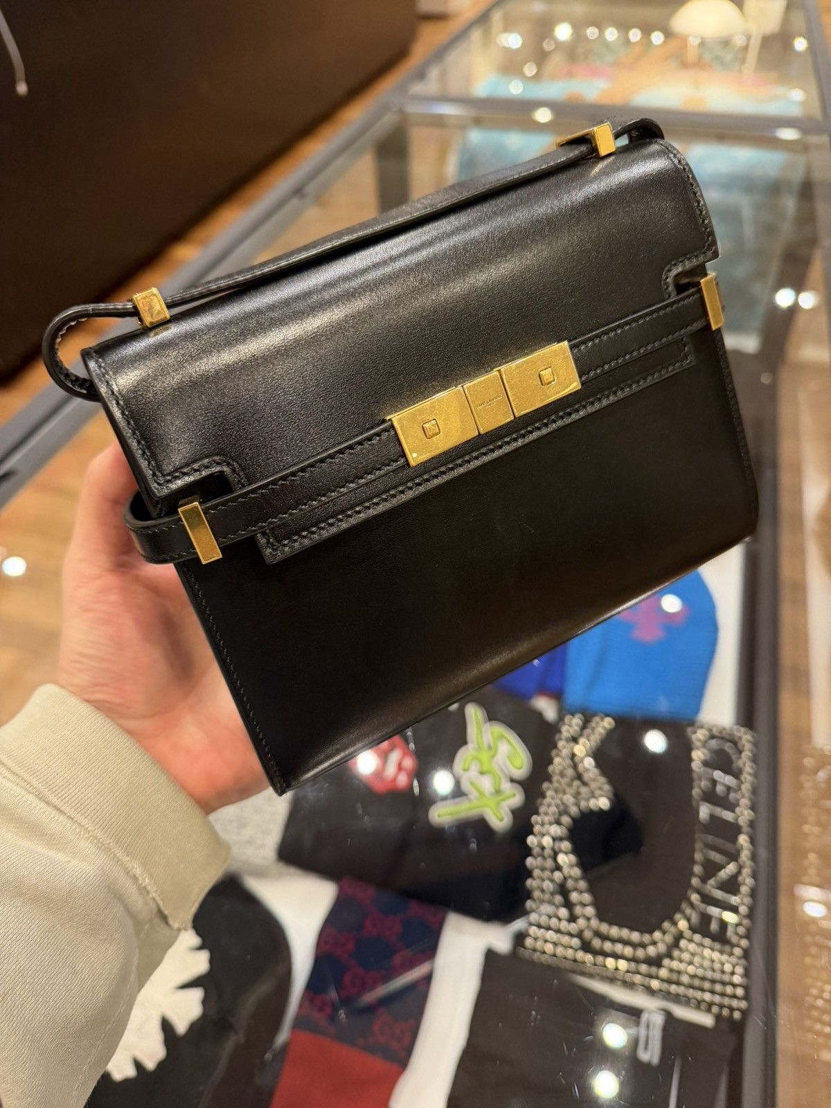 Saint Laurent Paris YSL Manhattan Shoulder Bag in Black Box Leather Mini Size ONE SIZE - 1 Thumbnail