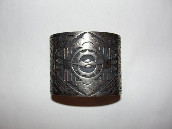 Designer Sterling Silver Etched Massive Mexican Cuff Bracelet Unisex Size ONE SIZE - 1 Thumbnail