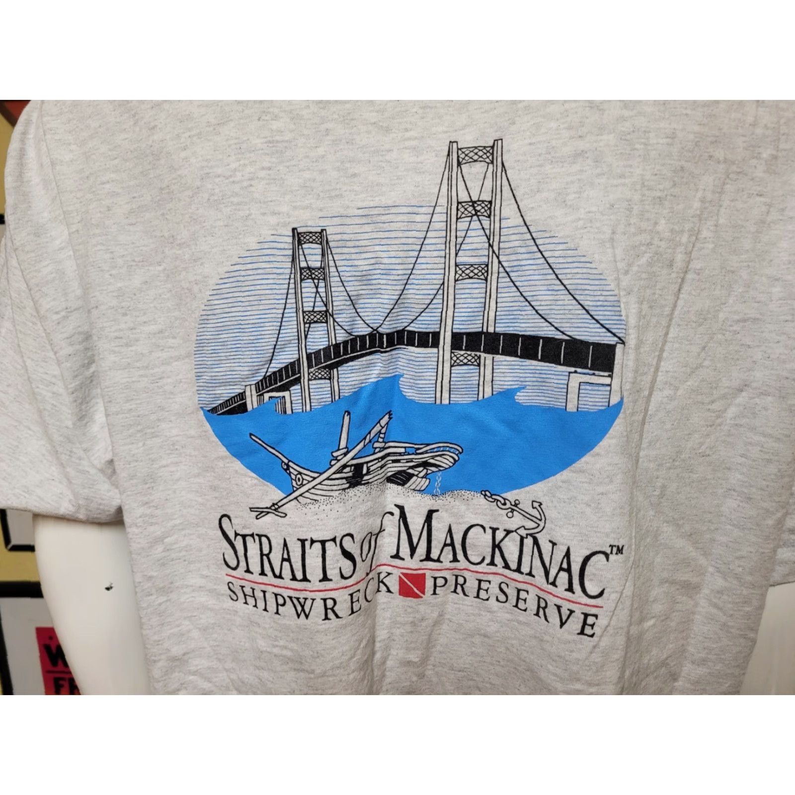 Gildan VINTAGE Straits of Mackinac Shipwreck Preserve T Shirt 2XL Gildan Mens Gray Cotton Blend Crew Neck Short Sleeve Nautical Graphic Tee Modern? Size US XXL / EU 58 / 5 - 4 Thumbnail