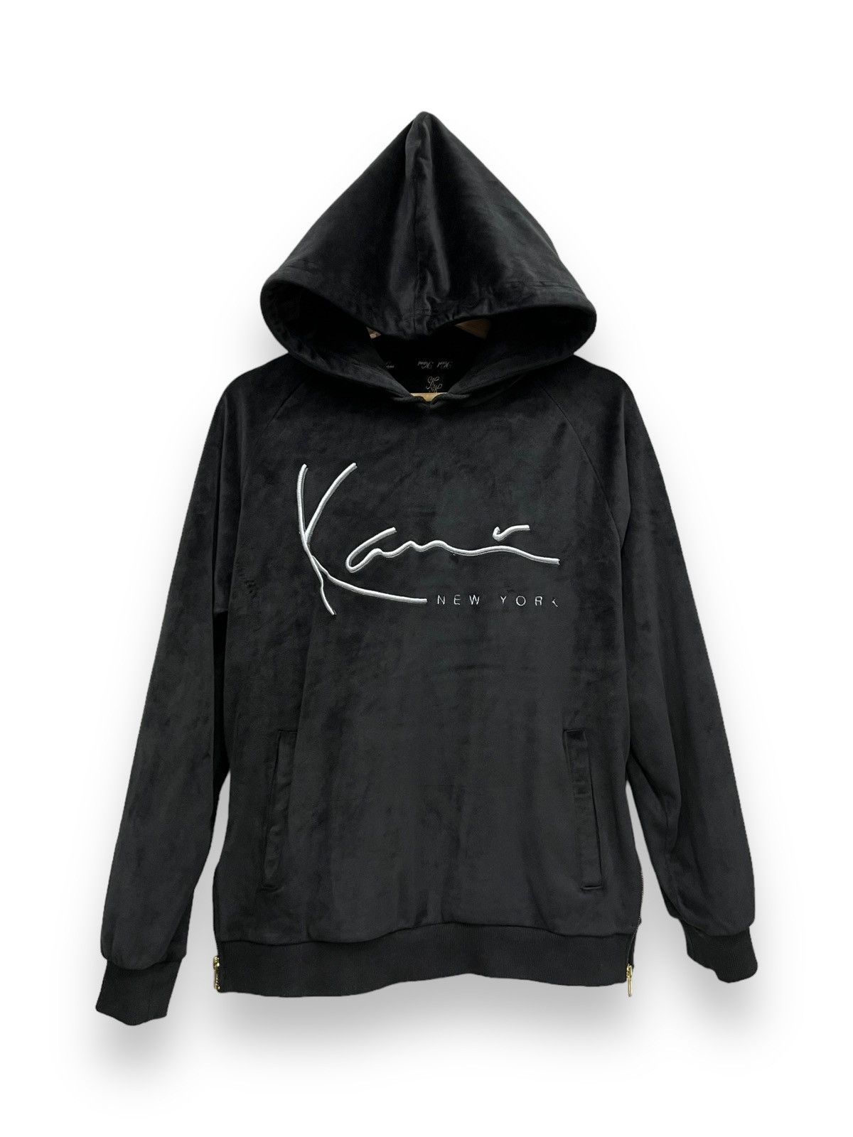 Image of 90’S Karl Kani New York Luxury Poly-Velvet Signature Hoodie in Black, Men's (Size Small)