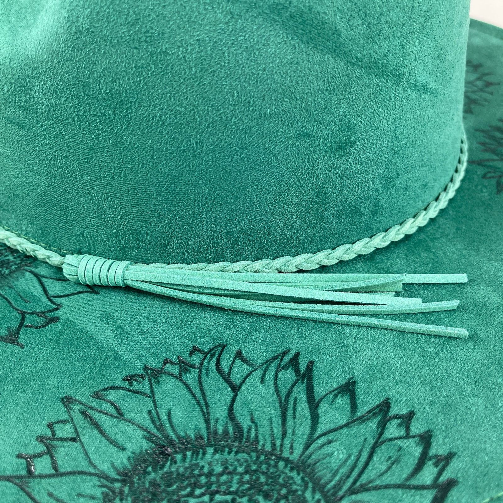 Handmade Green Faux Suede Wide Flat Brim Hat Sunflowers ADJUSTABLE SZ Size ONE SIZE - 10 Thumbnail