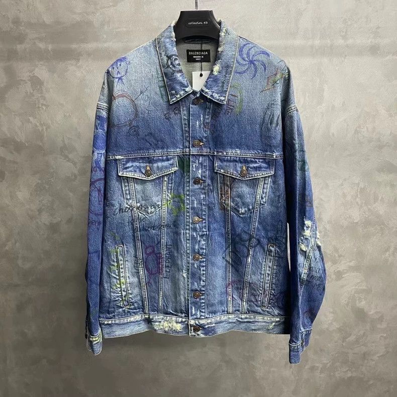 Balenciaga Balenciaga Blue Graffiti Logo Denim Jacket Size US M / EU 48-50 / 2 - 1 Thumbnail