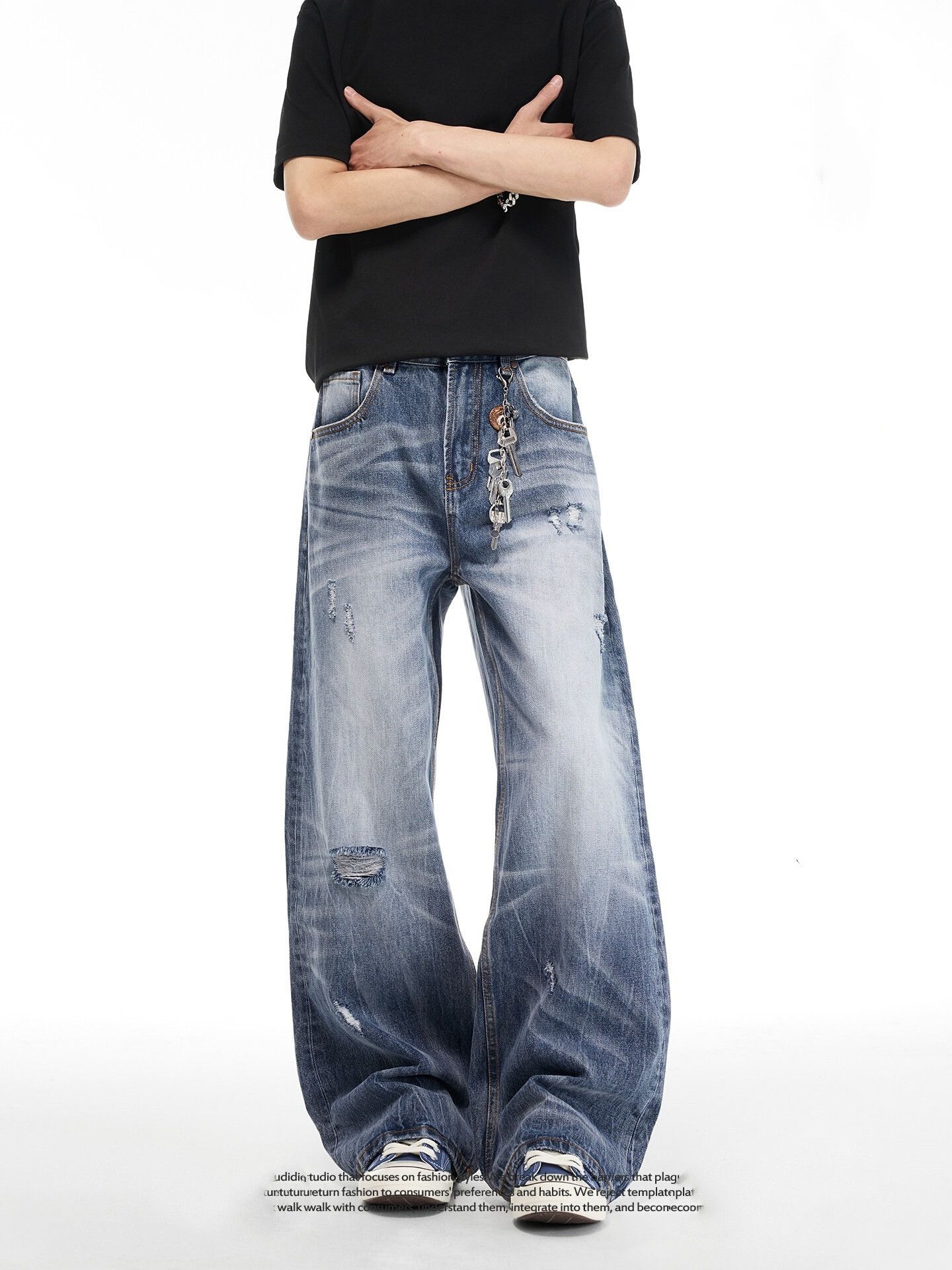 Vintage Retro Straight Distressed Washed Denim Jeans with Whiskering Size US 32 / EU 48 - 4 Thumbnail