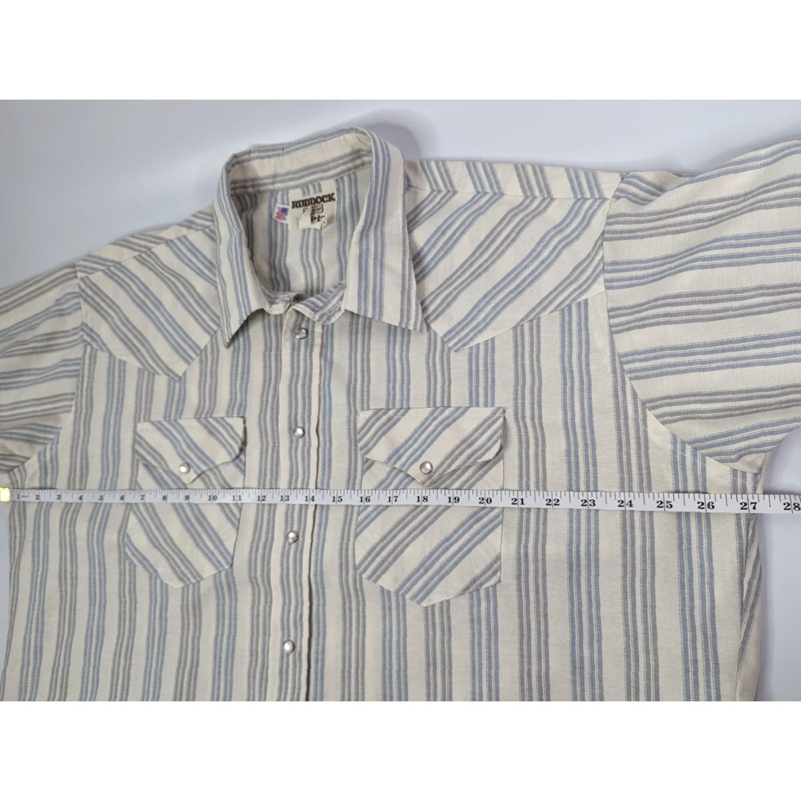 Vintage VINTAGE Ruddock Western Pearl Snap Shirt Big 18.5 65%polyester/35% Cotton Beige Short Sleeve Striped Button-Up Made in USA Mens Big & Tall Size US XXL / EU 58 / 5 - 6 Thumbnail