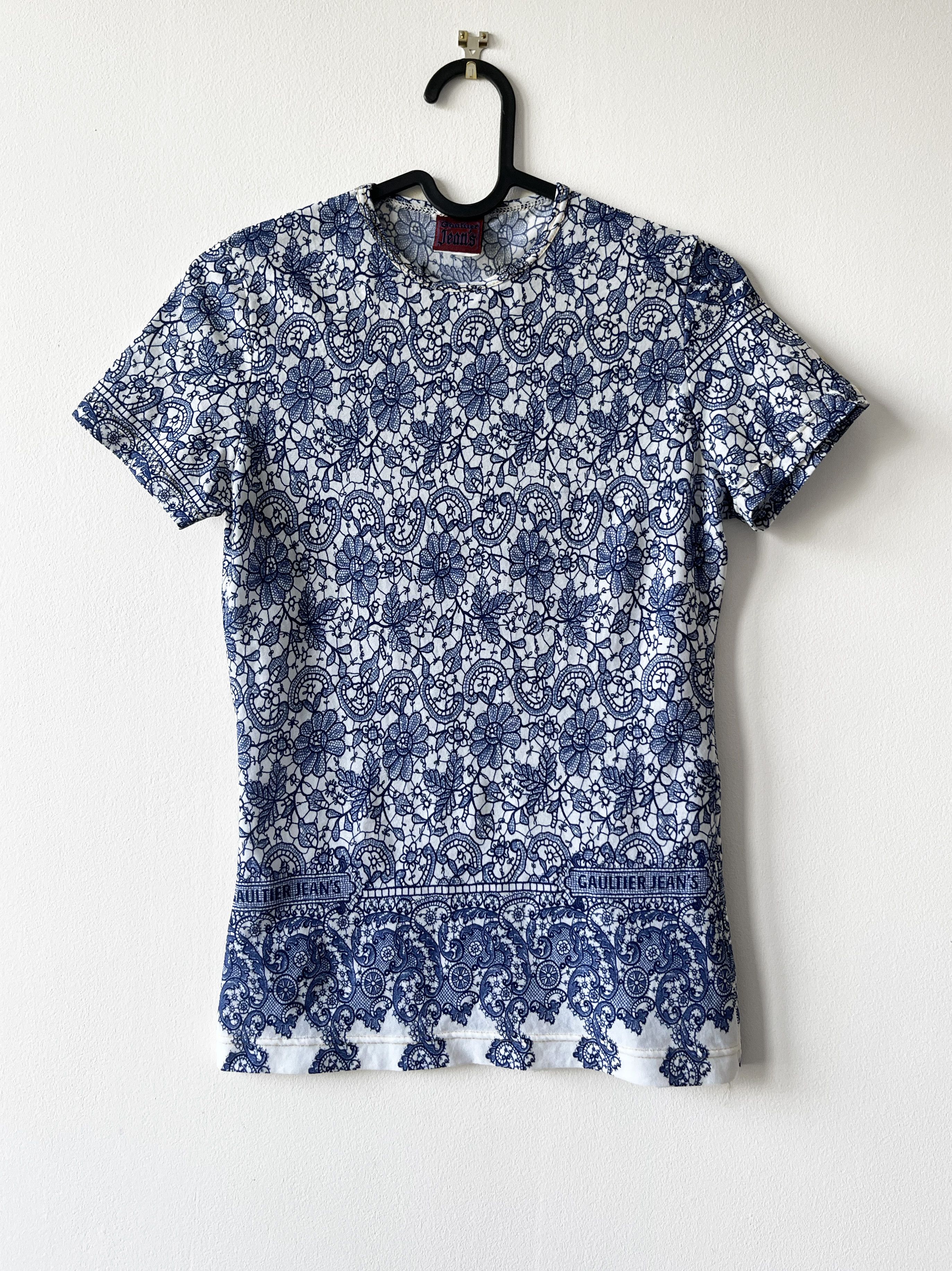 image of Jean Paul Gaultier Lace Embroidery Print Tshirt in Blue, Women's (Size Medium)