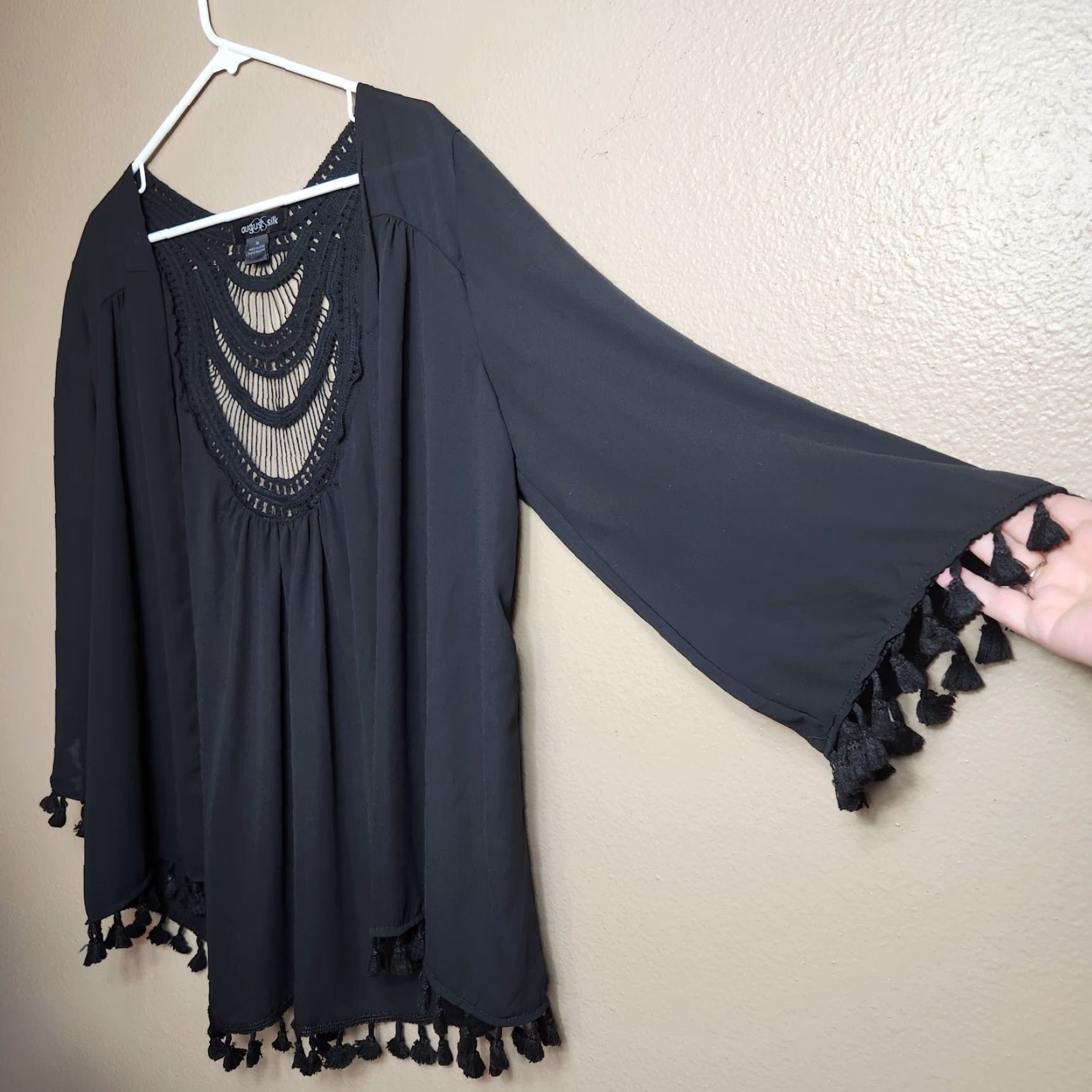 Vintage August Silk Womens Black Chiffon Jacket Open Crochet Inlay Tassels-Size M Bohemian Kimono 3/4 Sleeves Lightweight Satin? Wait no. Size M / US 6-8 / IT 42-44 - 4 Thumbnail