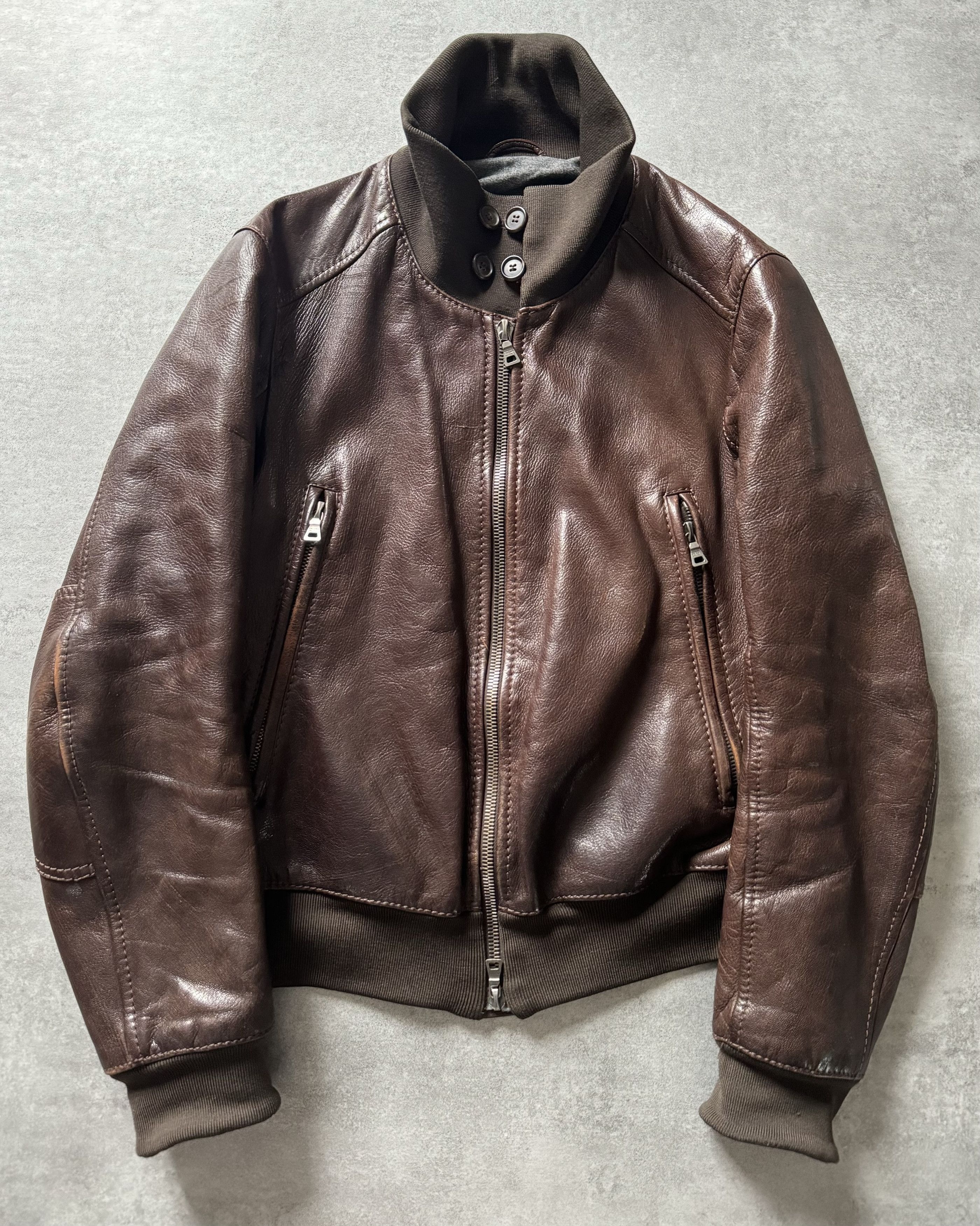 image of Archival Clothing x Prada 2000S Prada Signature Elbow Paded Leather Jacket in Brown (Size Medium)
