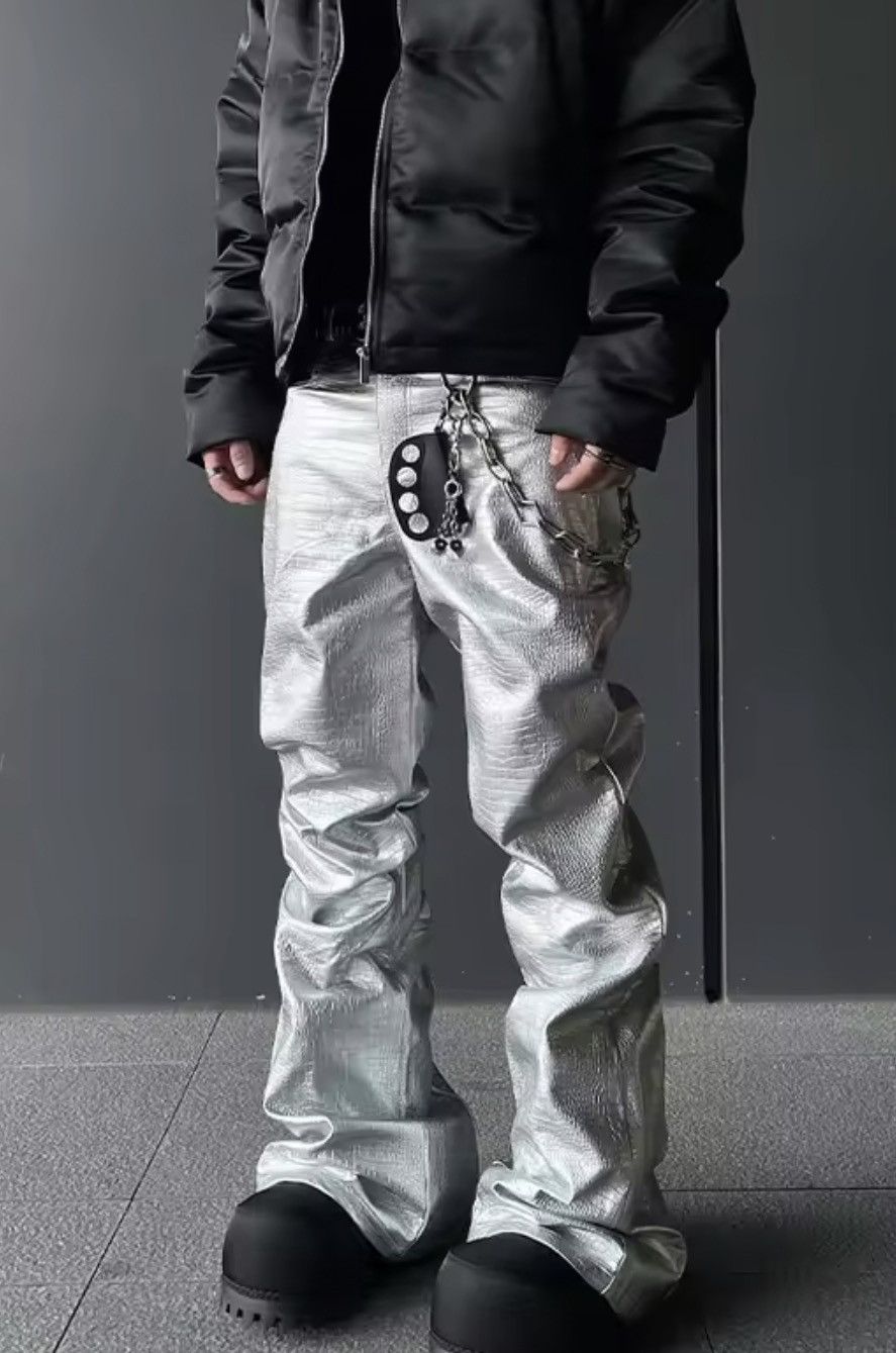Japanese Brand Crinkled Faux Leather Pants Baggy Stacked PVC Trousers Size US 35 - 2 Thumbnail