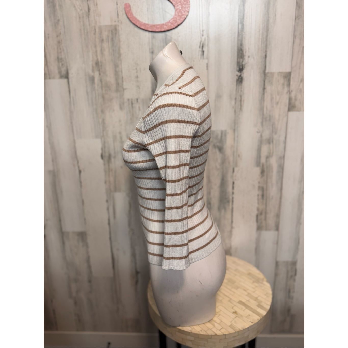 Other White & Brown Striped Henley Ribbed Knit Top – Small Size S / US 4 / IT 40 - 3 Thumbnail