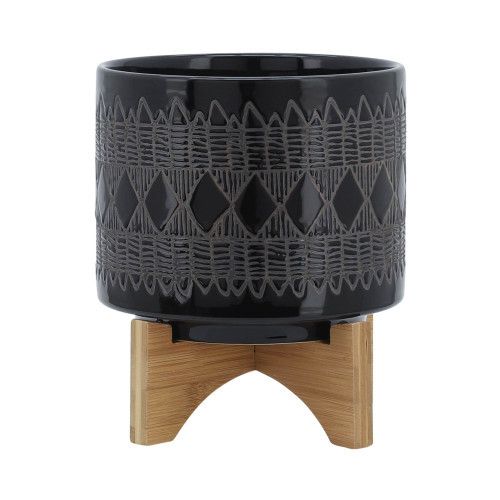 Designer × Homemade CERAMIC 8" AZTEC PLANTER ON WOODEN STAND, BLACK Size US L / EU 52-54 / 3 - 2 Thumbnail