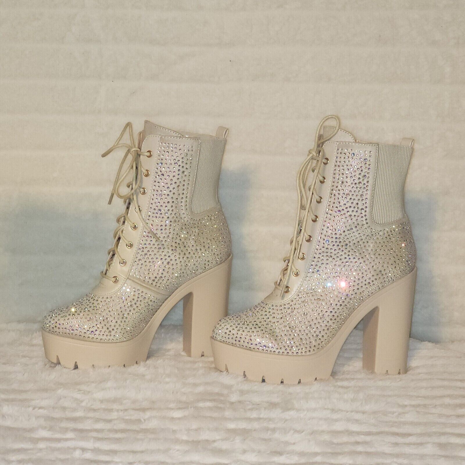 Other Barri Nude Beige Cream Rhinestone Chunky Heel Platform Ankle Size US 11 / IT 41 - 9 Thumbnail