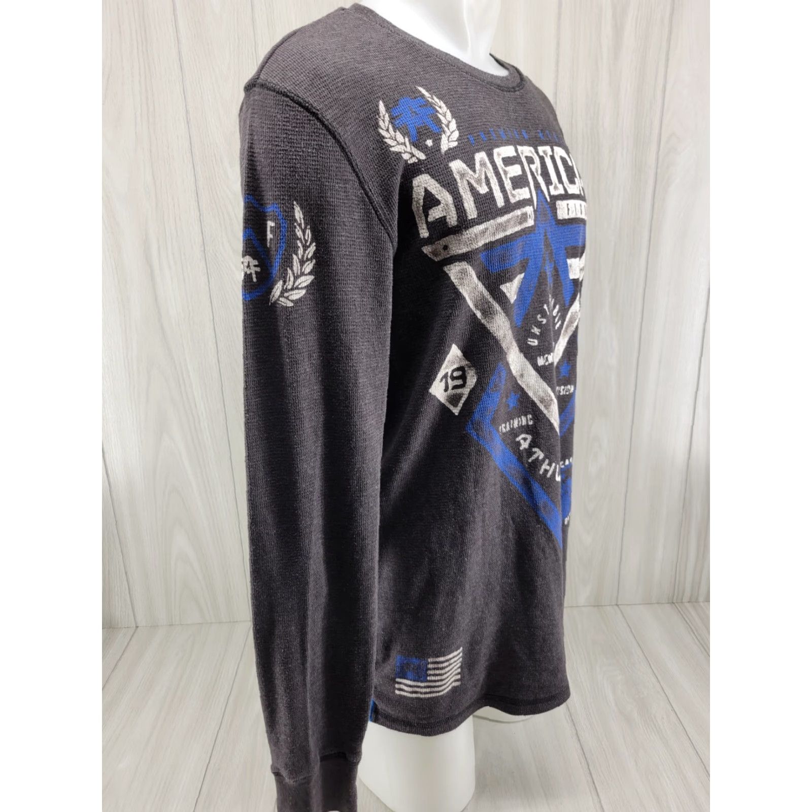 Vintage VINTAGE American Fighter Shirt Long Sleeve Thermal Mens XL Gray Blue MMA Y2k 90s Mens Shirt Size US XL / EU 56 / 4 - 4 Thumbnail