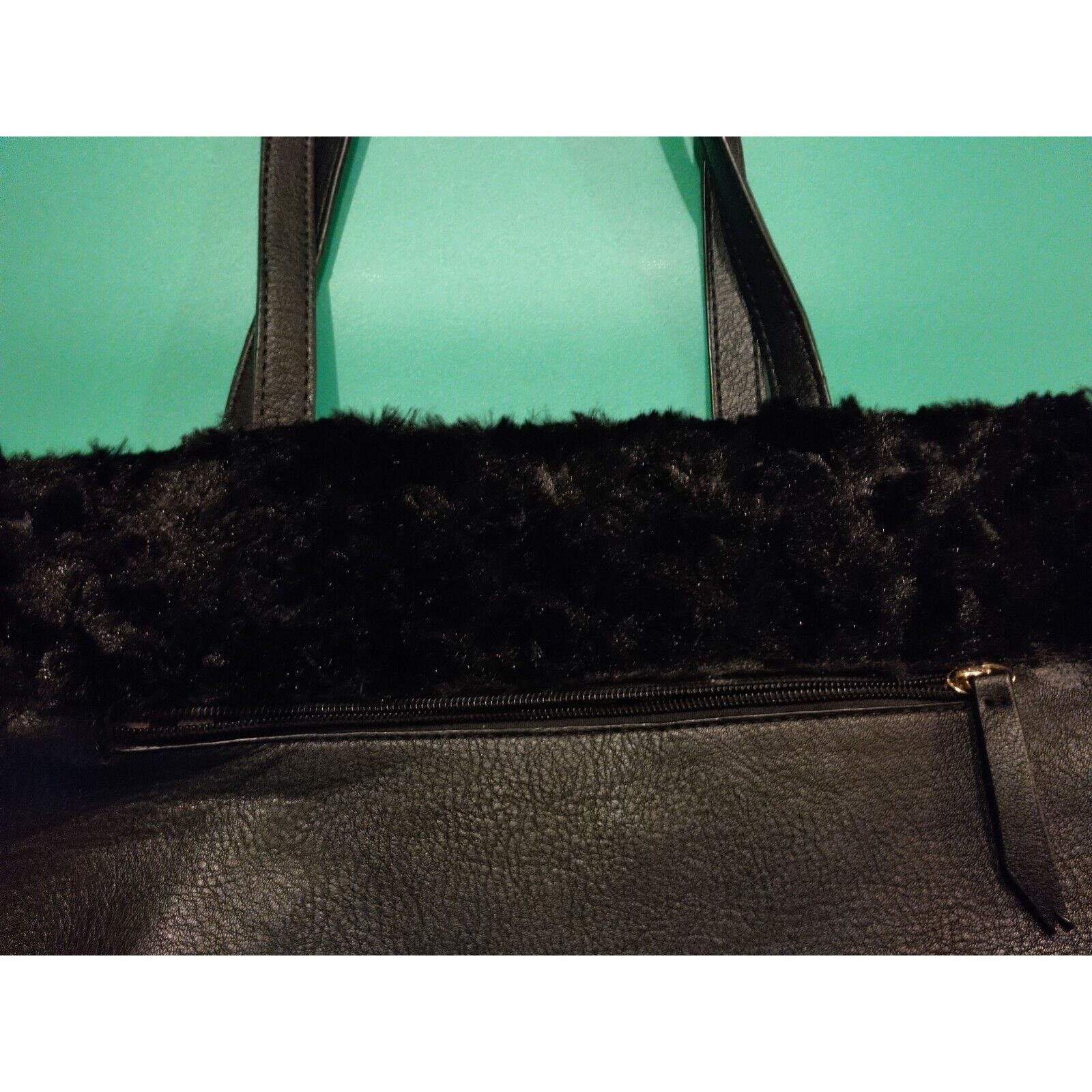 The Unbranded Brand LaDiva DV Black Leather Faux Fur Handbag Large 18" x 12" Size ONE SIZE - 2 Thumbnail