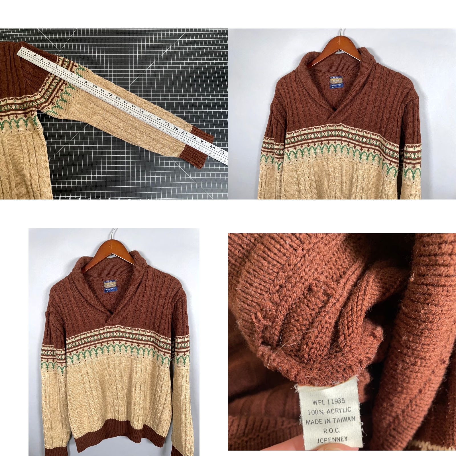 JCPenney VINTAGE J. C. Penney Shawl Collar Sweater Mens Large Beige Brown Fair Isle 70s VTG Size US L / EU 52-54 / 3 - 8 Thumbnail